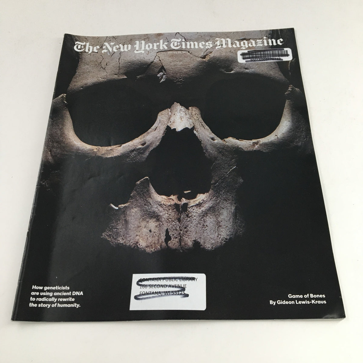 Cover of The New York Times Magazine, January 20, 2019, featuring a skull, titled 'Ancient DNA The Story of Humanity'. The cover promotes explorations of genetics and human history.