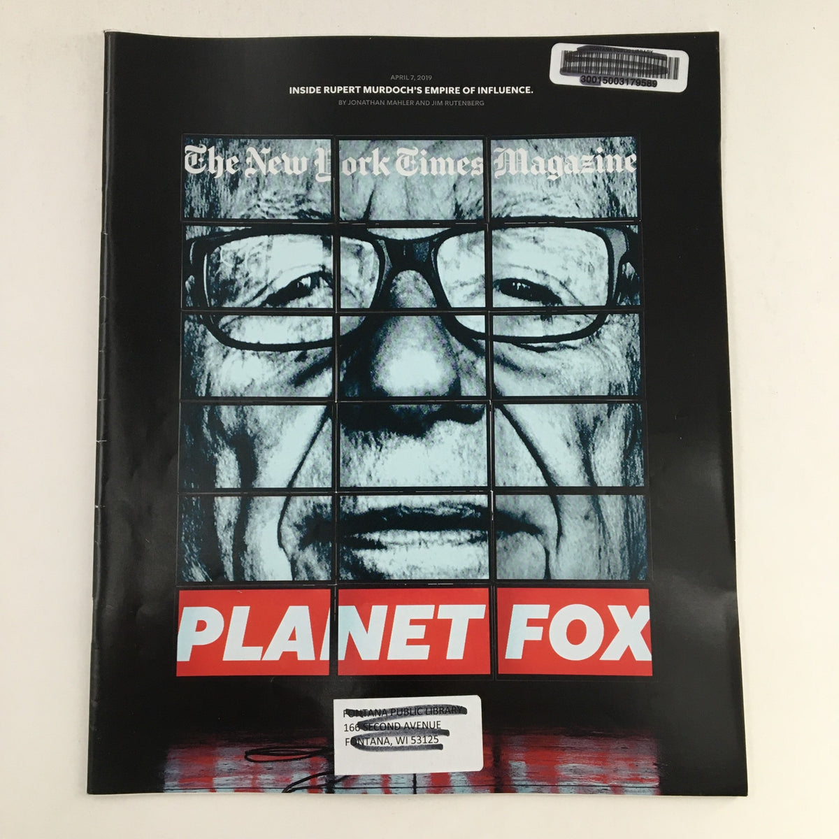 Cover of The New York Times Magazine, April 7, 2019, featuring Rupert Murdoch's Empire of Influence with a grid image of Murdoch's portrait and the caption 'Planet Fox'.