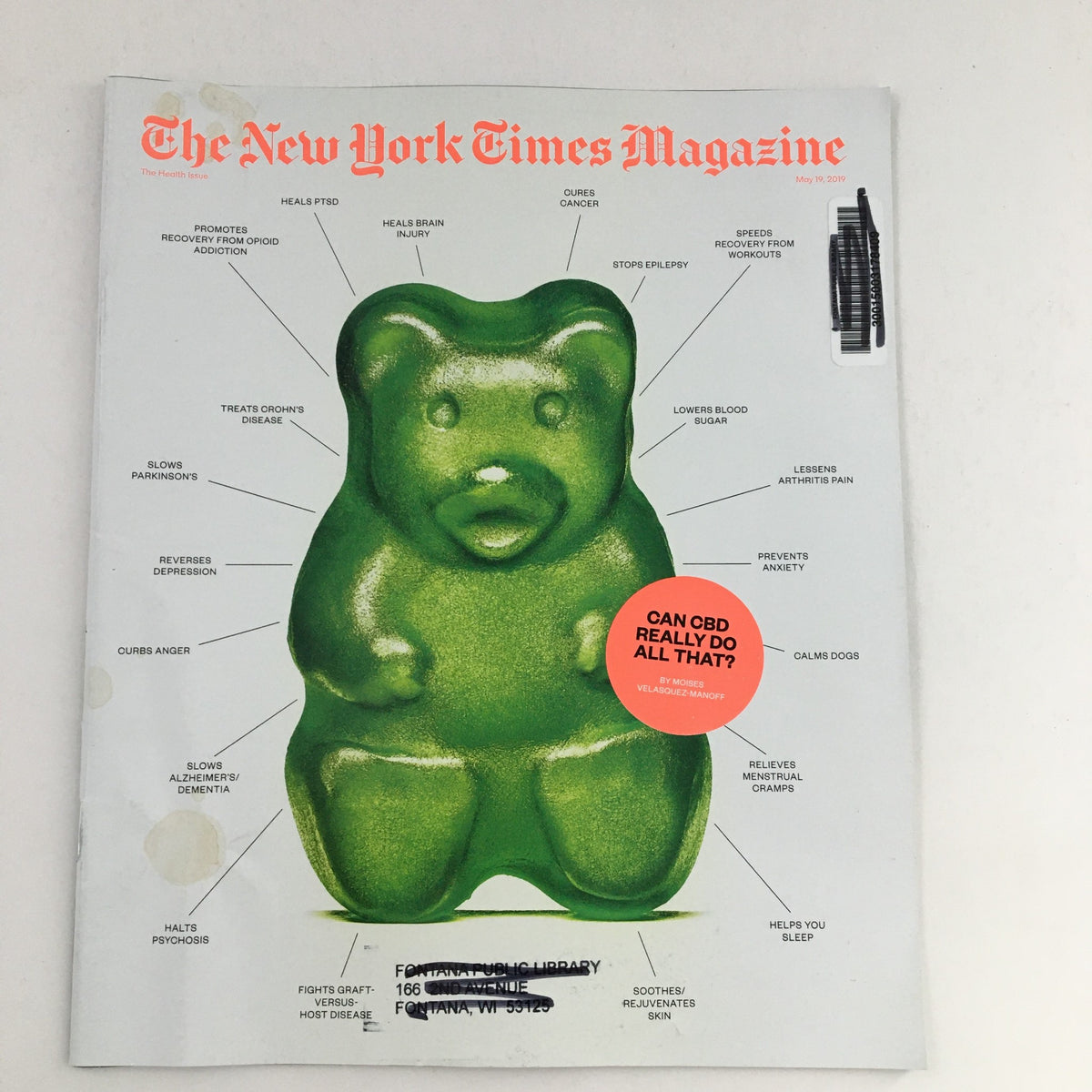 Cover of The New York Times Magazine May 19 2019 featuring a green gummy bear illustration, with text discussing potential benefits of Cannabidiol (CBD) and asking the question, 'Can CBD Really Do All That?'