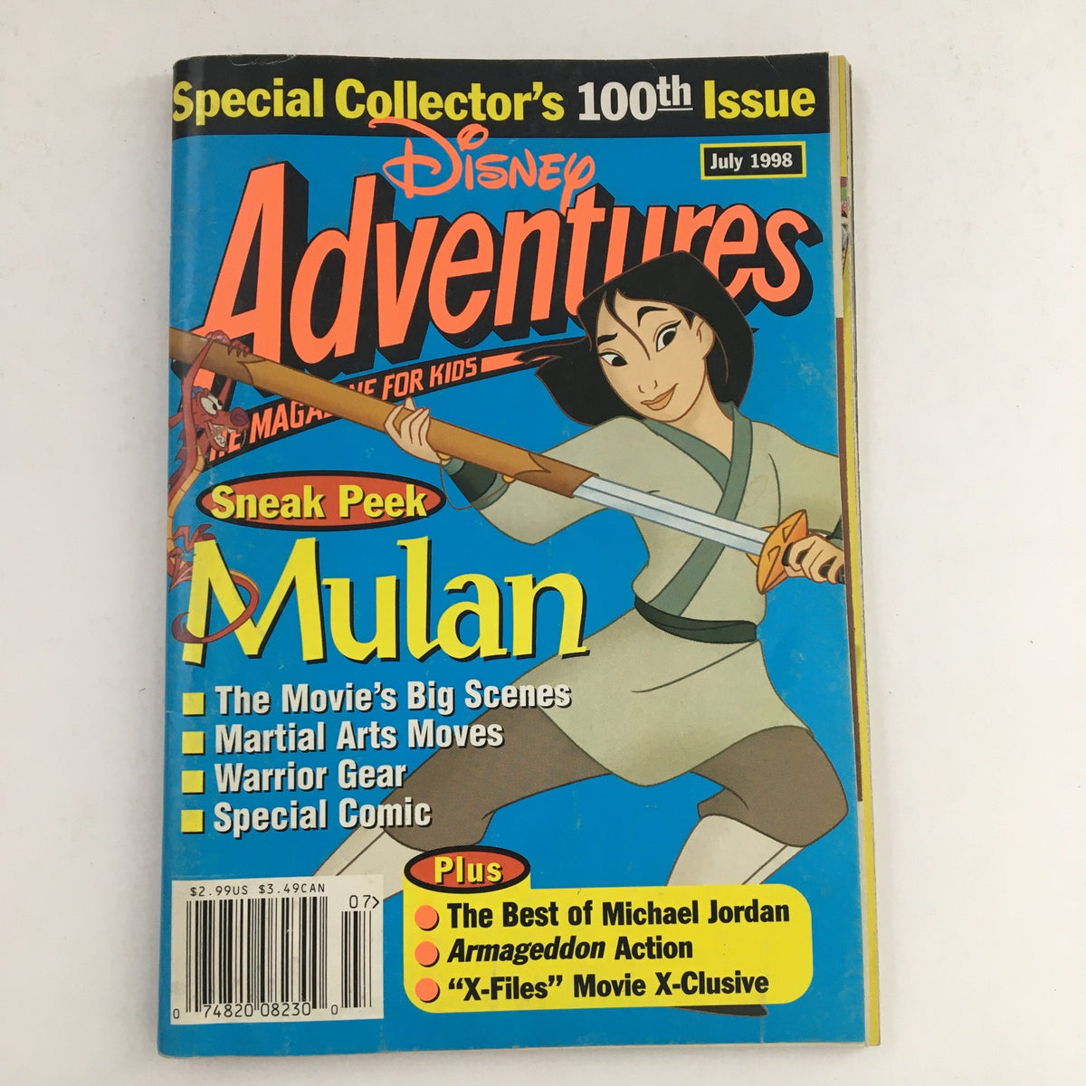 Disney Adventures Magazine July 1998 cover featuring a Sneak Peek of Mulan with the movie's big scenes, martial arts moves, warrior gear, and a special comic, alongside highlights of Michael Jordan and more.