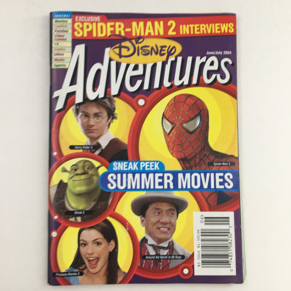 Disney Adventures Magazine June 2004 featuring Harry Potter, Spider-Man, and Shrek on the cover, highlighting exclusive Spider-Man 2 interviews and a sneak peek at summer movies.