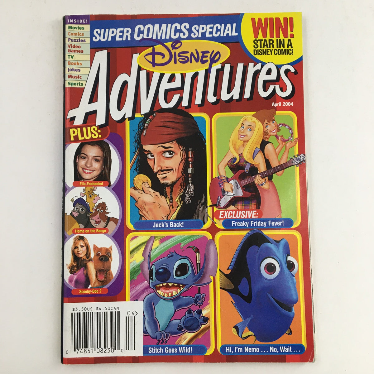 Cover of Disney Adventures Magazine from April 2004, featuring characters such as Jack Sparrow, Stitch, and others, with headlines and promotions. Title: Disney Adventures Magazine April 2004 Ella Enchanted, Scooby-Doo 2 No Label VG.