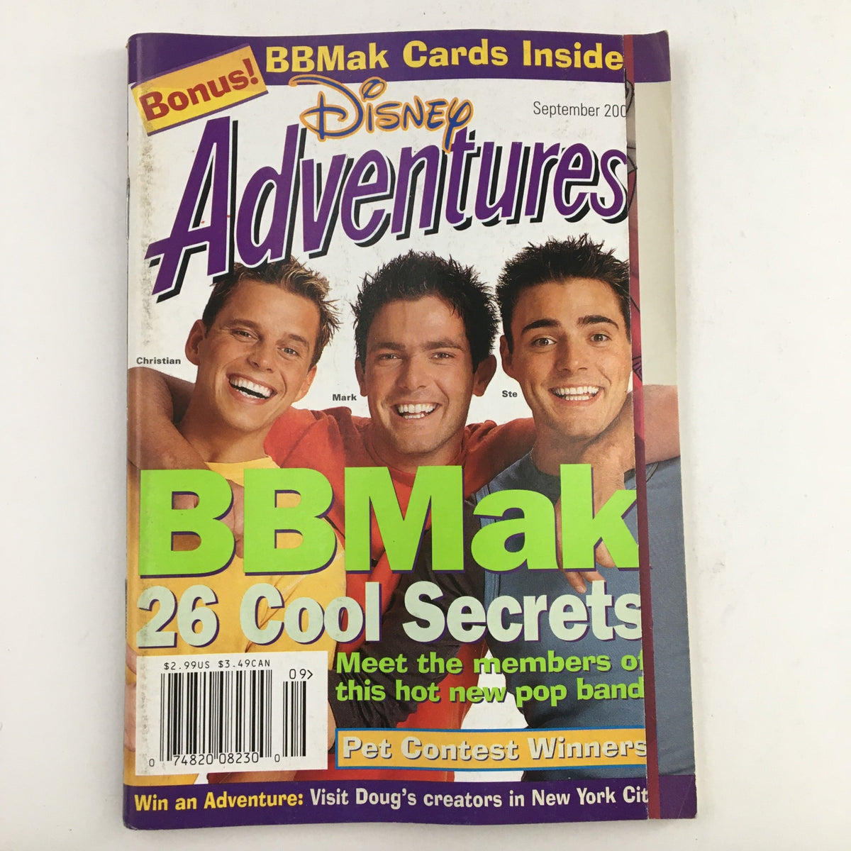 Disney Adventures Magazine September 2000 featuring Christian, Mark, and Ste on the cover. This collectible vintage magazine includes features about Disney and BBMak, along with secrets from the pop band.