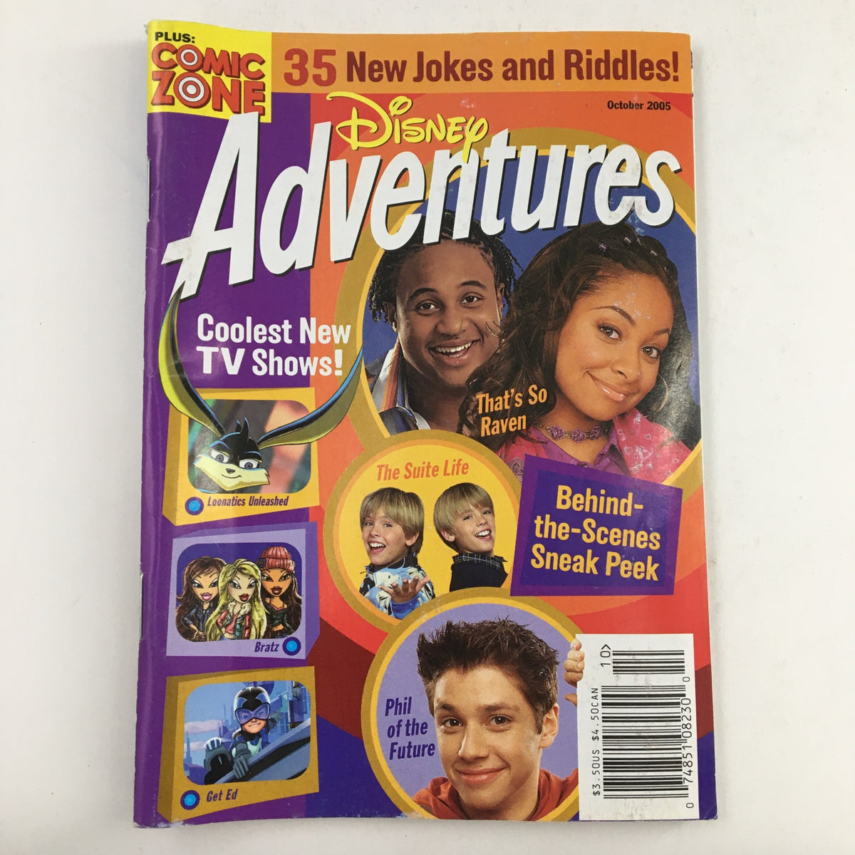 Cover of Disney Adventures Magazine, October 2005, featuring characters from That's So Raven and The Suite Life, along with fun visuals and content highlights.