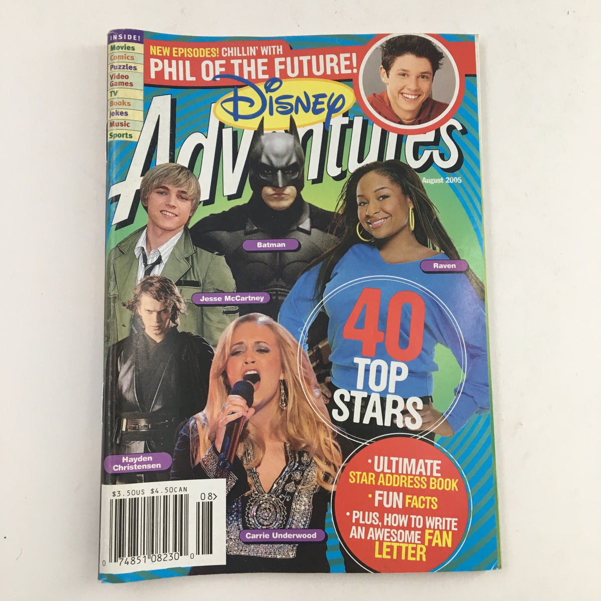 Disney Adventures Magazine August 2005 featuring Batman, Raven, Jesse McCartney, and Carrie Underwood on the cover, highlighting 40 top stars in pop culture.