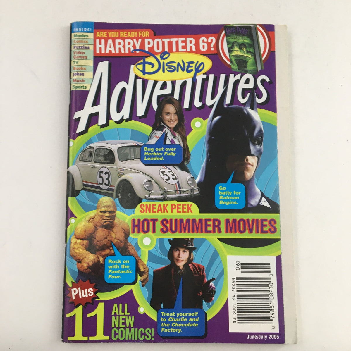 Disney Adventures Magazine June 2005 cover featuring Herbie Fully Loaded and Fantastic Four highlights, showcasing vibrant colors and nostalgic design elements.