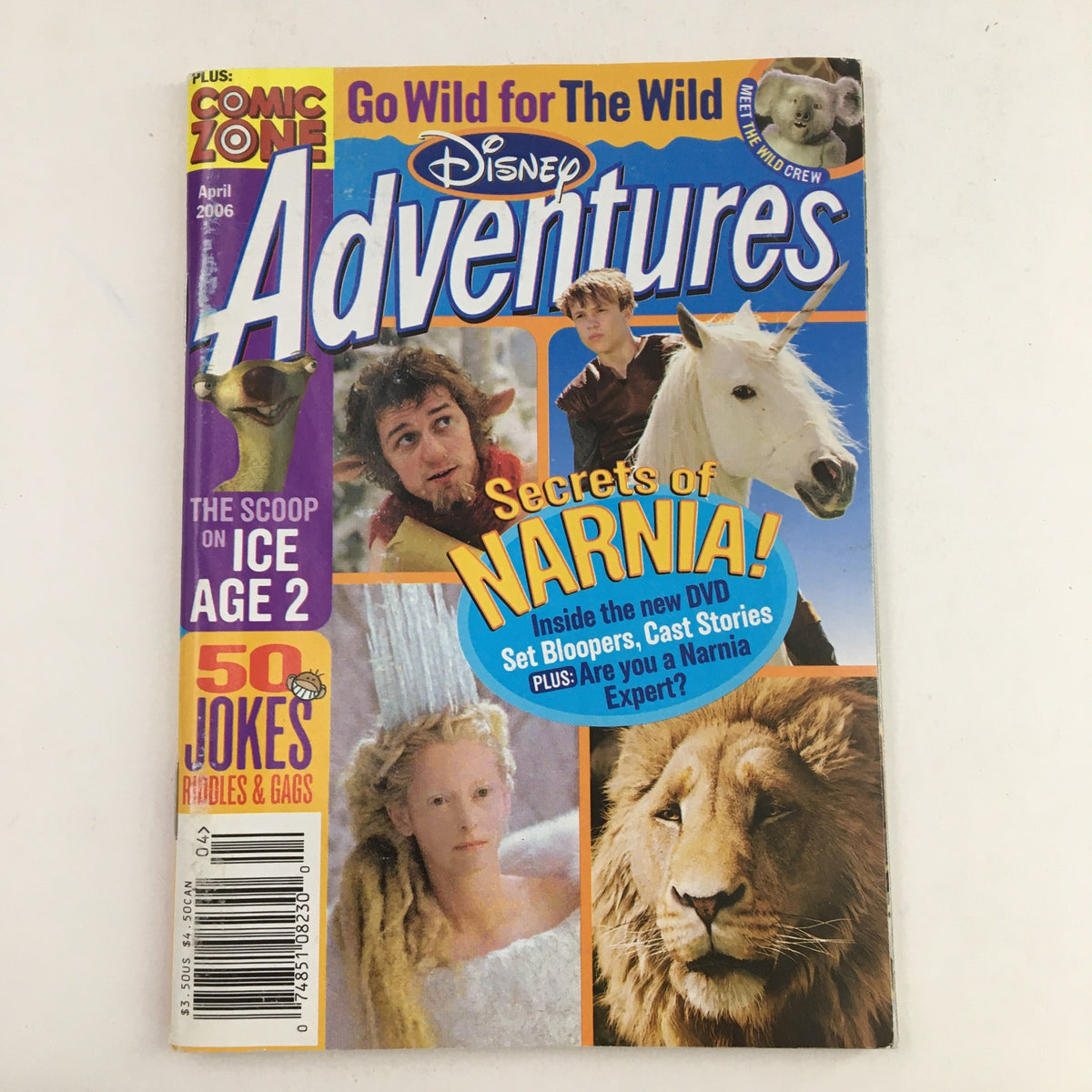 Disney Adventures Magazine April 2006 featuring Ice Age 2 and The Secrets of Narnia on the cover, showcasing characters and vibrant colors, ideal for collectors.