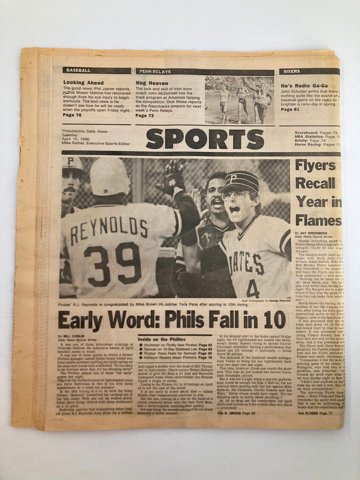 Philadelphia Daily News Tabloid from April 15, 1986 showcasing a sports section with highlights on baseball and local sports coverage including the Philadelphia Phillies, with the headline 'Early Word: Phils Fall in 10'.