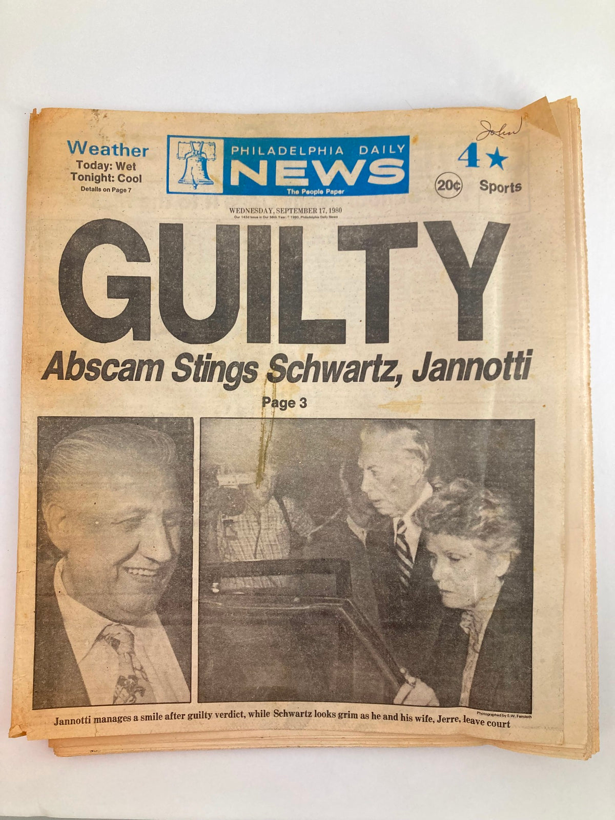 Philadelphia Daily News tabloid front page from September 17, 1980, featuring 'GUILTY' headline about Abscam stings involving Schwartz and Jannotti. Includes images of the individuals and report details.