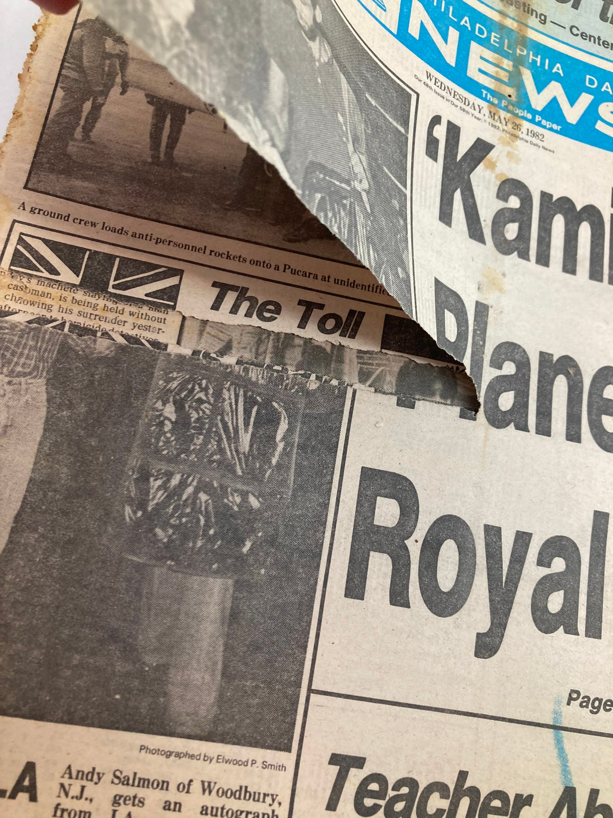 Detail of the 1982 Philadelphia Daily News Tabloid 'Hoop-La Andy Salmon of Woodbury', showing a torn edge and the text of the article.