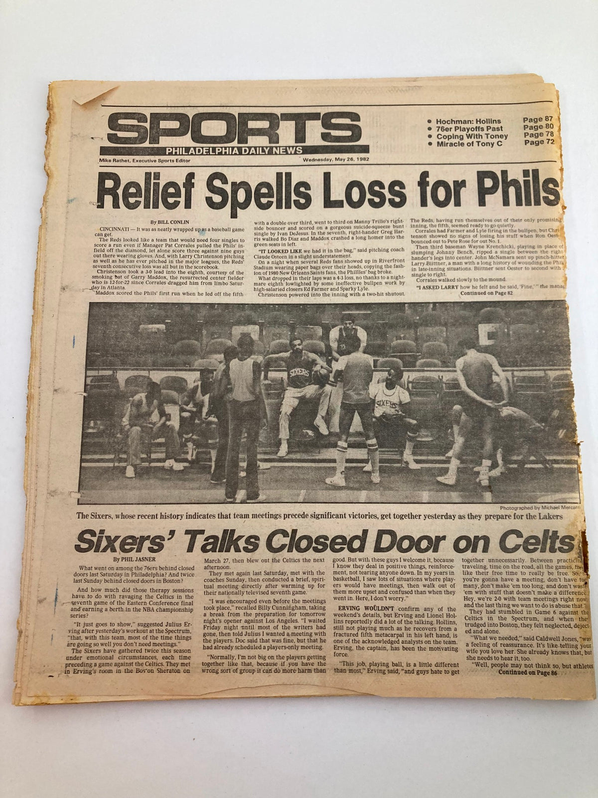 Philadelphia Daily News Tabloid May 26, 1982, features a sports section detailing a loss for the Philadelphia Phillies, showcasing a photograph of players in action on the field.