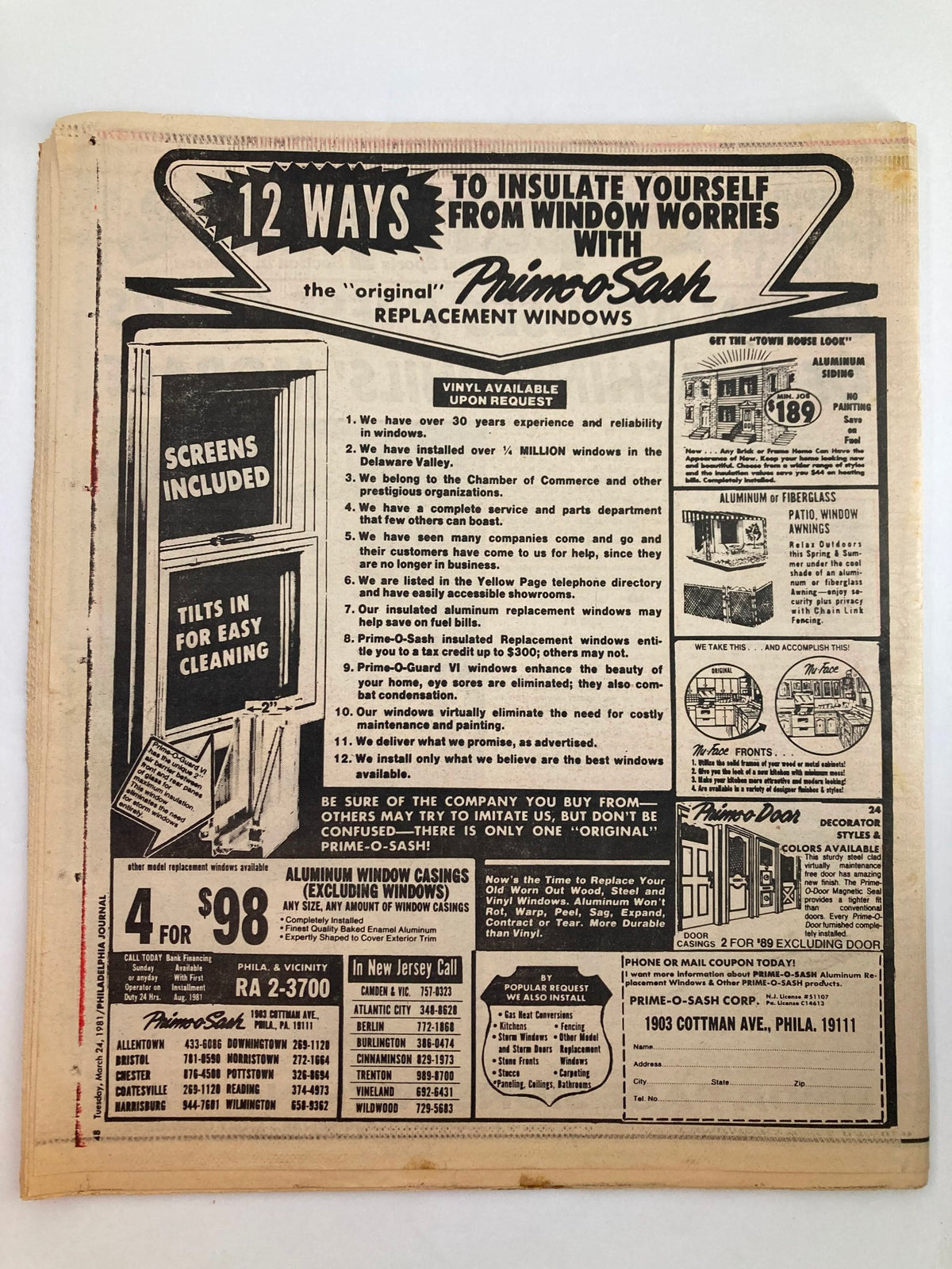 Back cover of the Philadelphia Journal Tabloid March 24 1981 showcasing an advertisement for window insulation services, highlighting '12 Ways to Insulate Yourself from Window Worries'.
