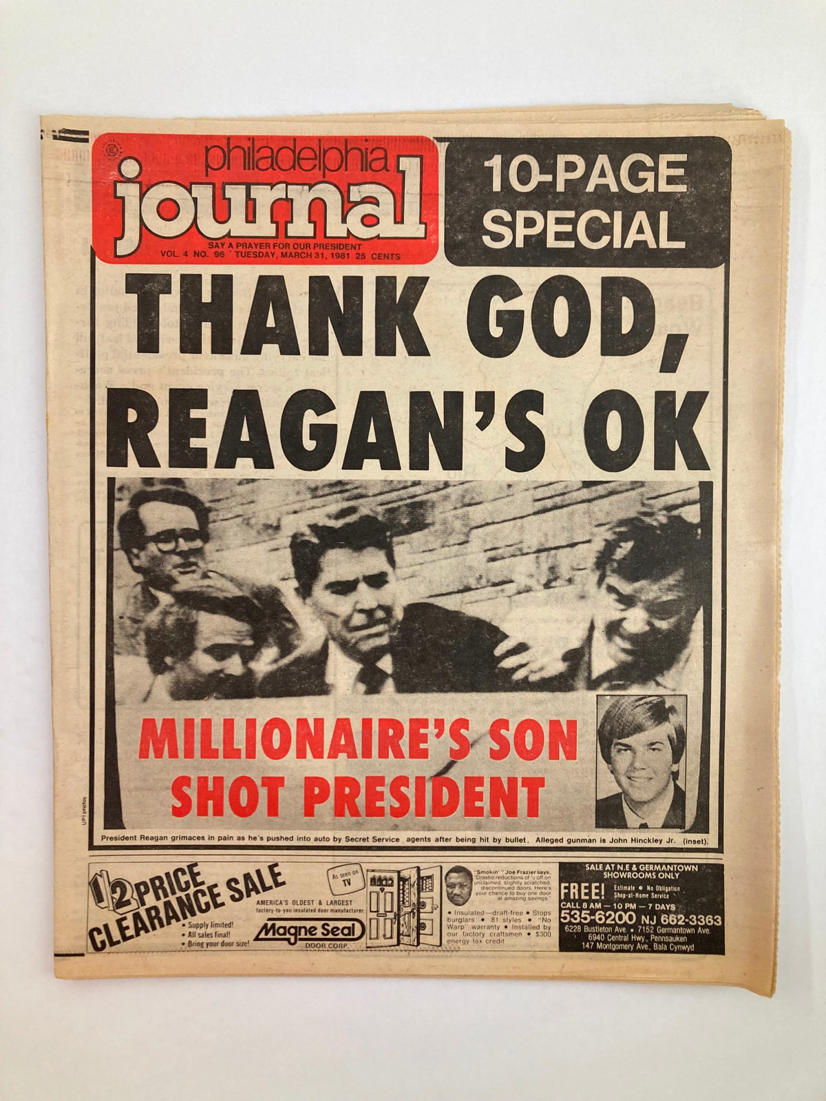 Philadelphia Journal Tabloid from March 31, 1981 featuring the title 'Thank God, Reagan's OK' and a headline about the shooting of President Ronald Reagan, showcasing an image of a breaking news report.