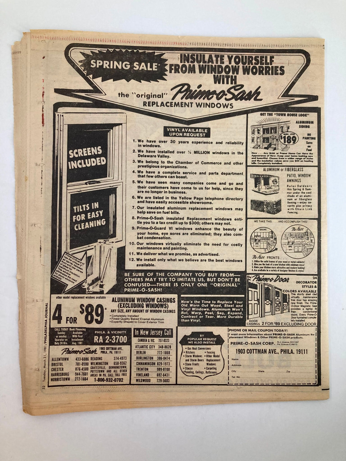 Philadelphia Journal Tabloid from March 31, 1981, featuring an advertisement for replacement windows and a historic coverage of Ronald Reagan and John Hinckley Jr. The newspaper is in good condition with minor wear and comes with a protective covering.