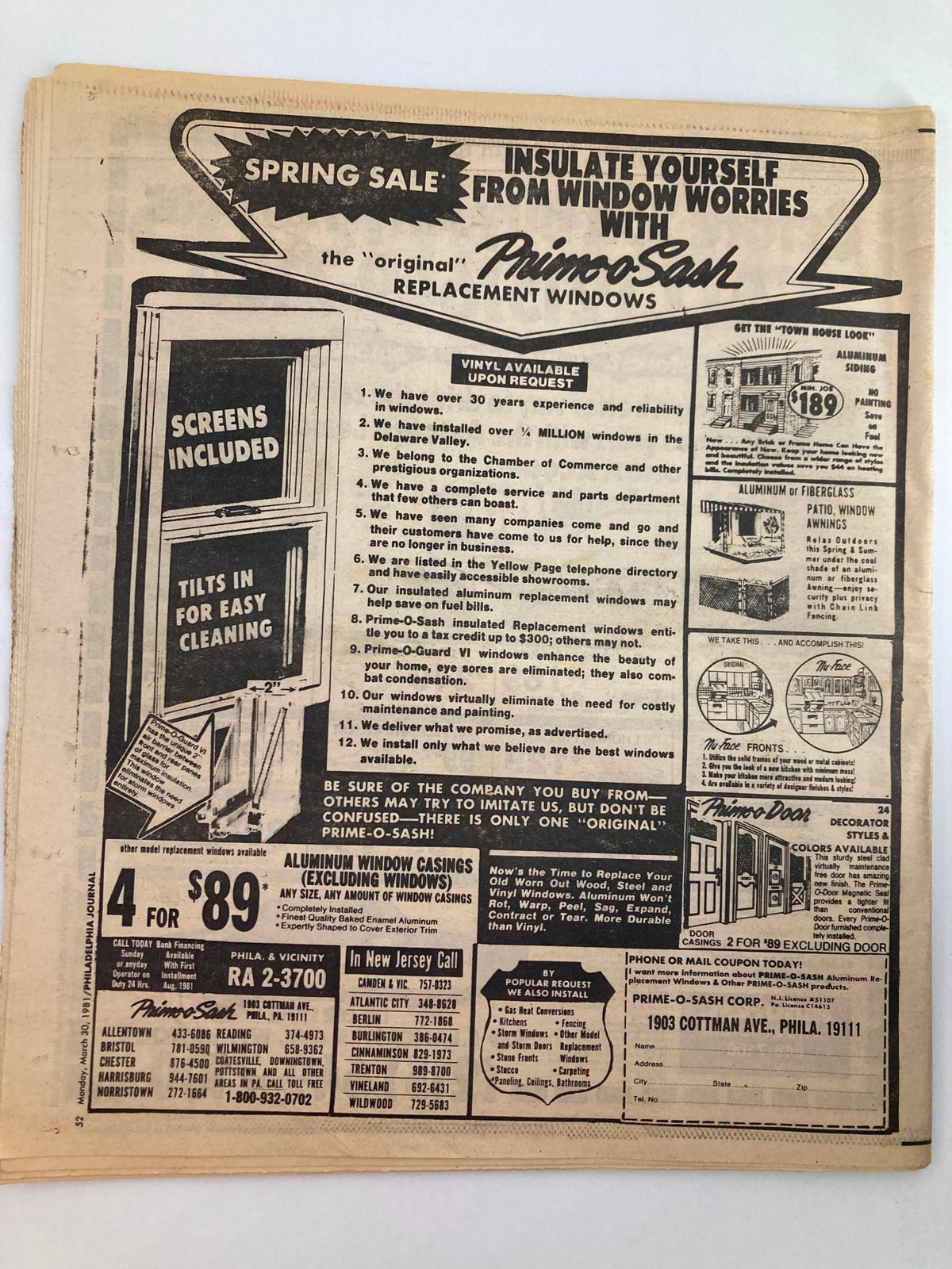 Back page of the Philadelphia Journal Tabloid from March 30, 1981, showcasing an advertisement for replacement windows by Prime-O-Sash, promoting spring sales and features of their products.