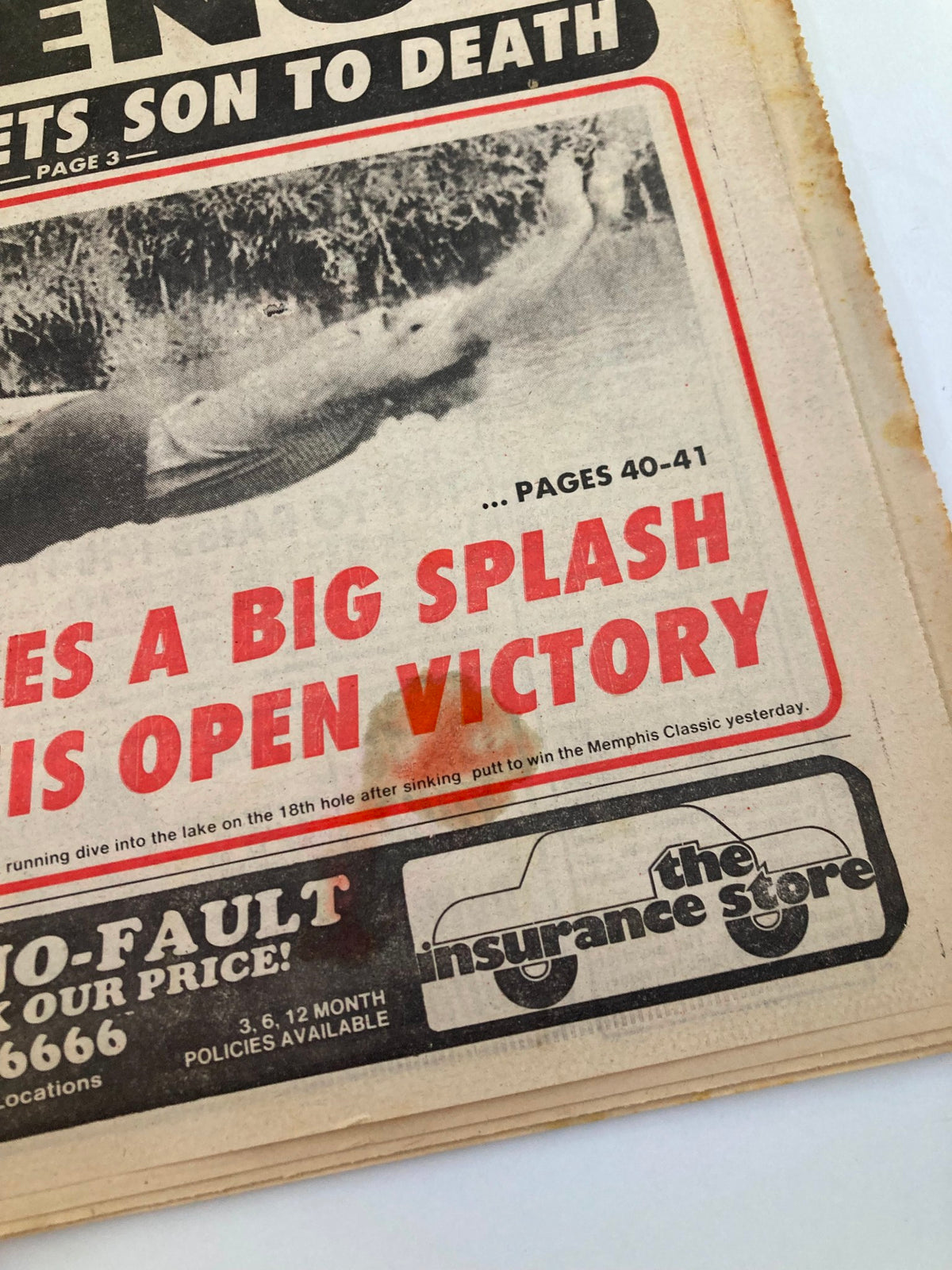 Close-up of Philadelphia Journal Tabloid June 29 1981 Vol 4 #172 showing the headline about Jerry Pate making a big splash in Memphis and an advertisement for car insurance.