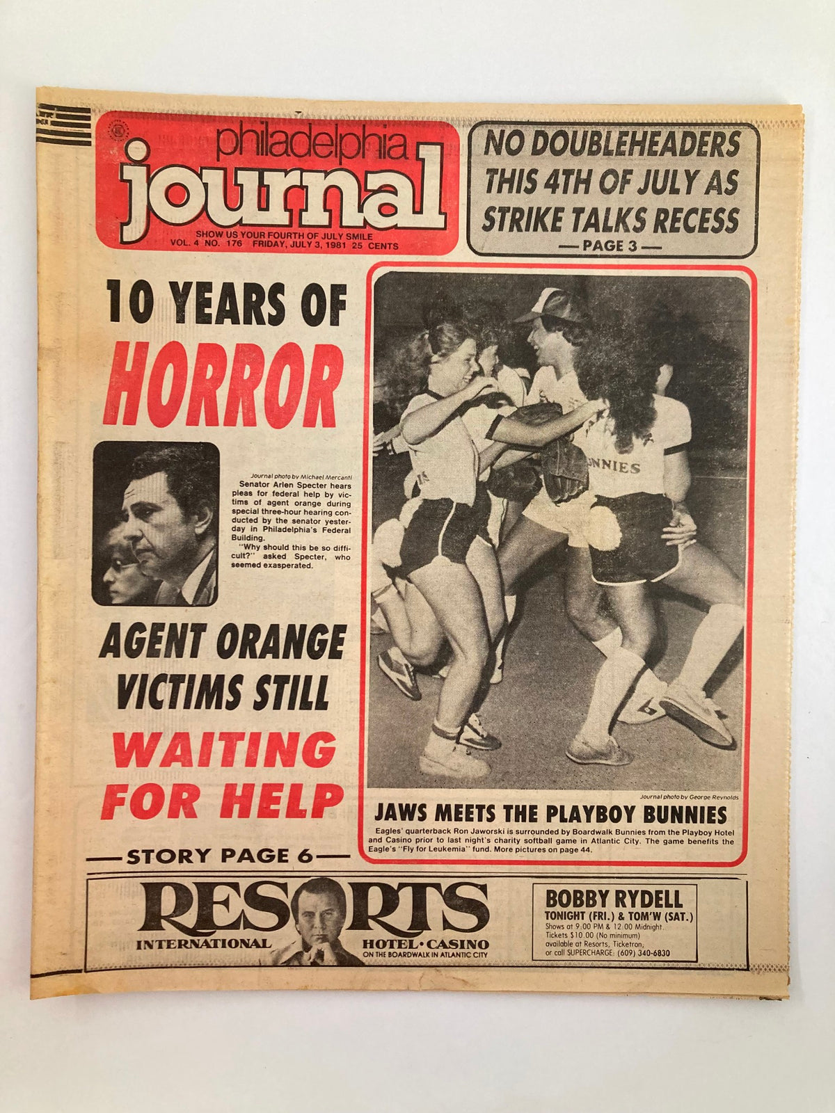 Philadelphia Journal Tabloid July 3 1981 Vol 4 #176 featuring headlines about 10 years of horror, Agent Orange victims waiting for help, and Jaws meets the Playboy Bunnies.