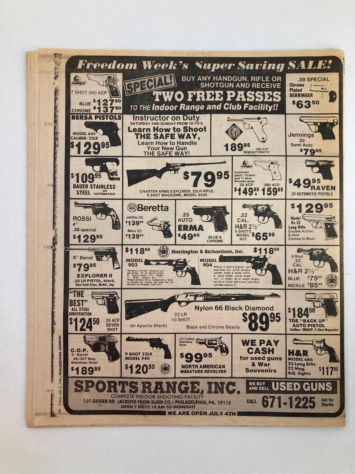 Philadelphia Journal Tabloid July 3 1981 Vol 4 #176 featuring an advertisement for Freedom Week's Super Saving Sale with special offers for firearms, including free passes to an indoor range and club facility.