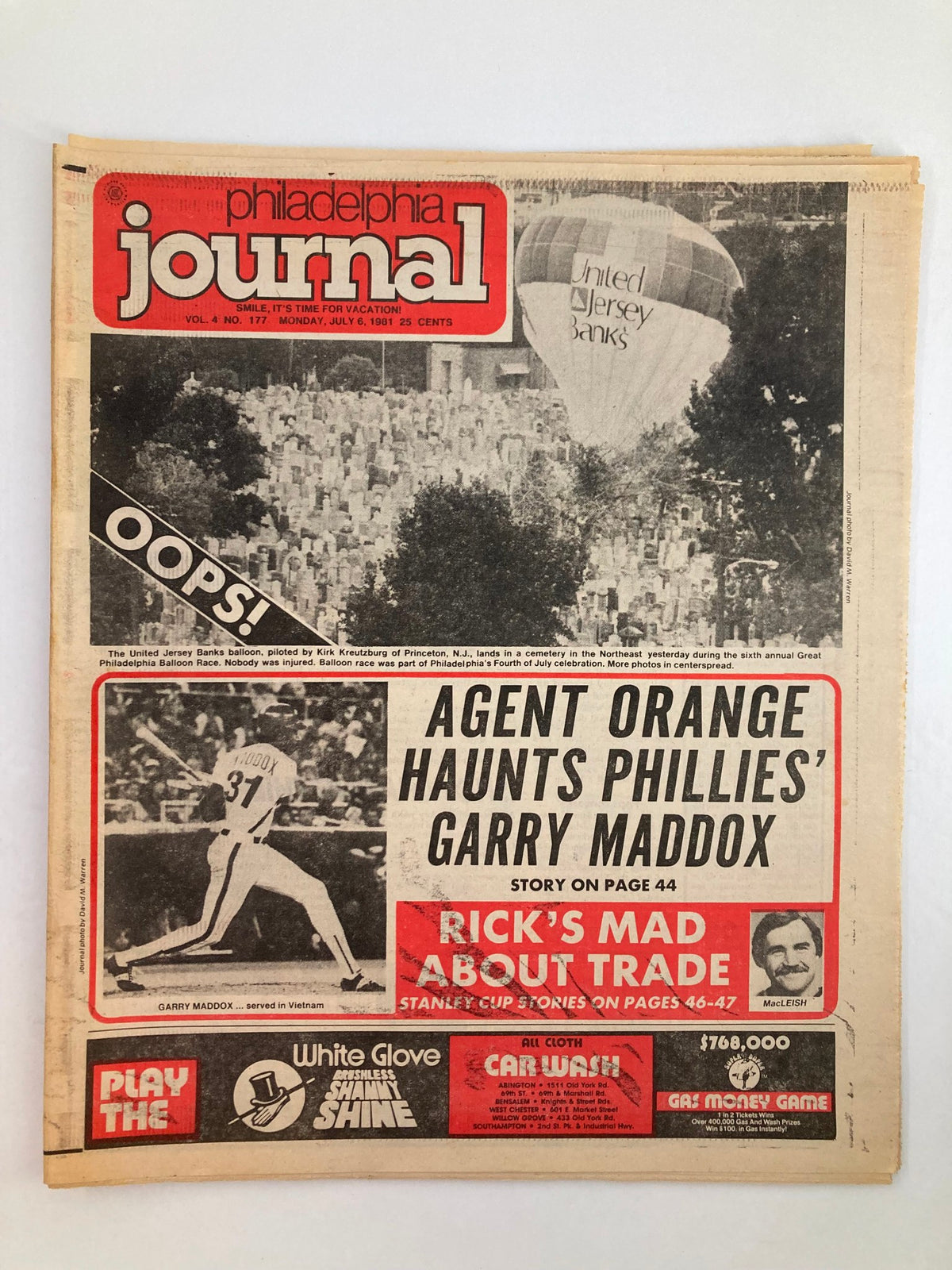 Philadelphia Journal Tabloid July 6 1981 Vol 4 #177 featuring Garry Maddox with a headline about Agent Orange affecting the Phillies. The front page includes an image of Garry Maddox playing baseball.
