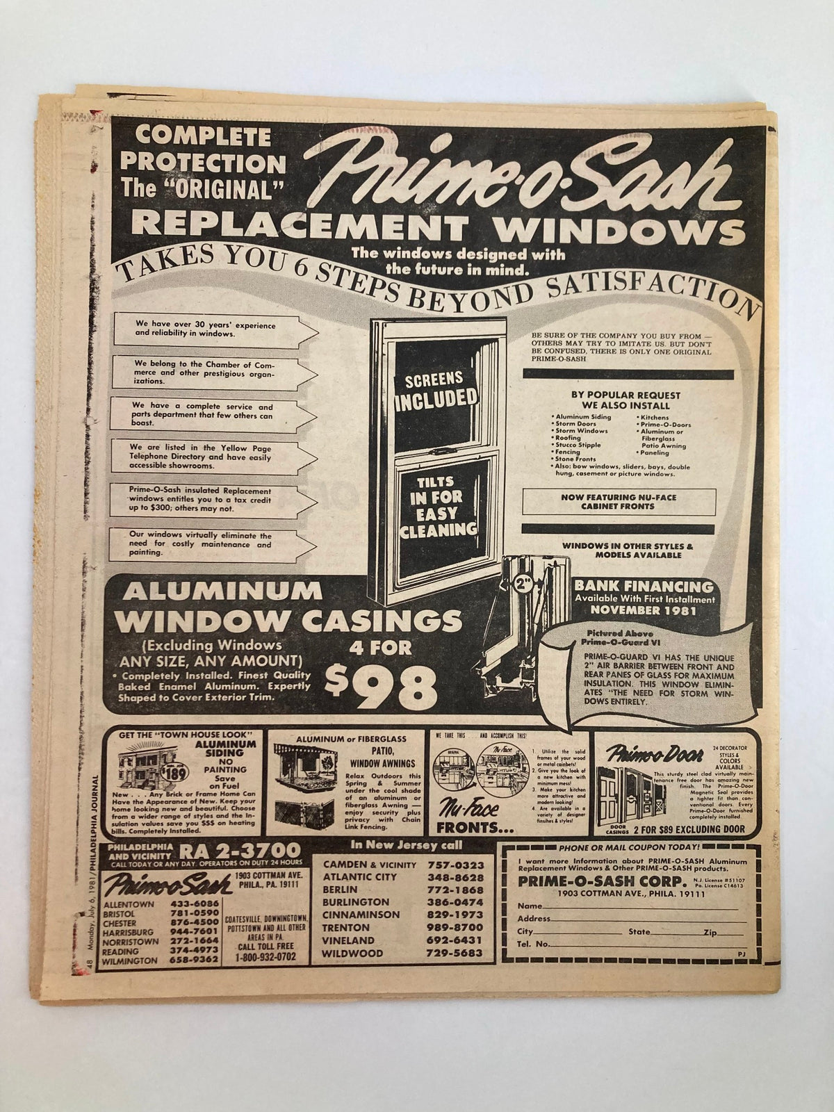 Back cover of the Philadelphia Journal Tabloid July 6 1981 Vol 4 #177 showing an advertisement for Prime-o-Sash Replacement Windows with a focus on complete protection and satisfaction.