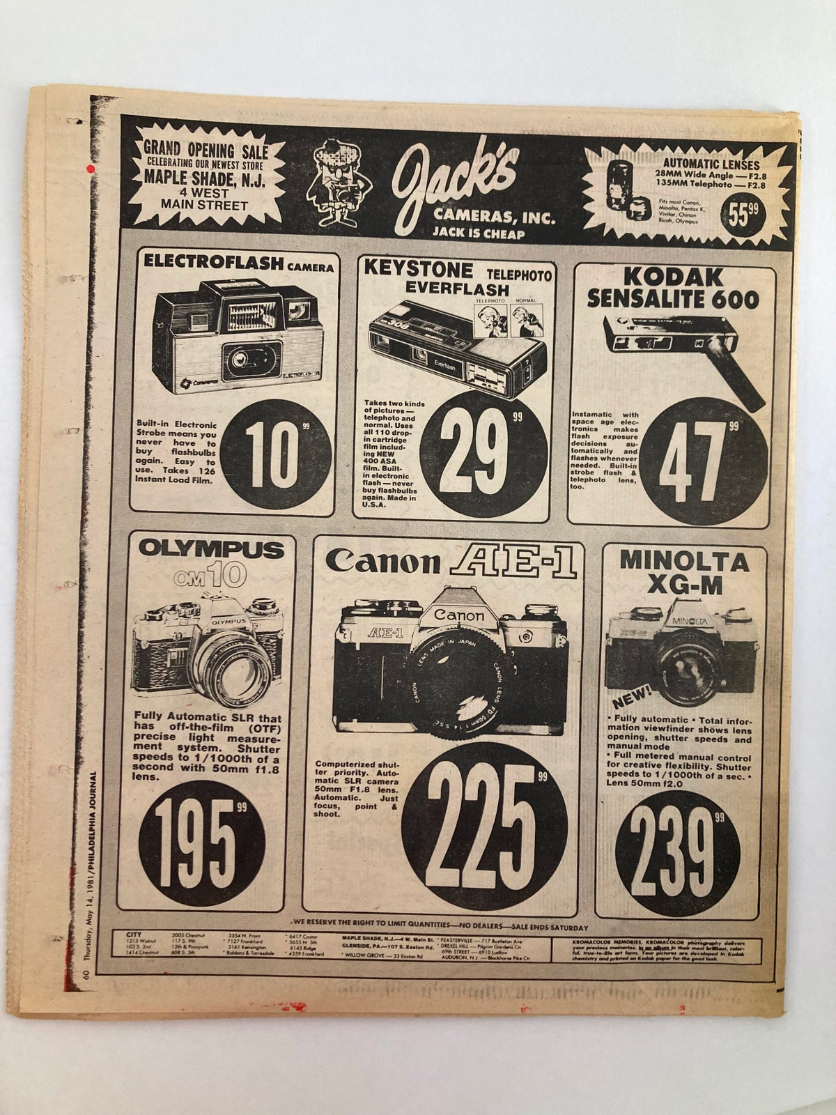 Back cover of the Philadelphia Journal Tabloid from May 14, 1981, featuring a vintage advertisement for Jack's Cameras, showcasing various camera models and prices, relevant to photography enthusiasts.