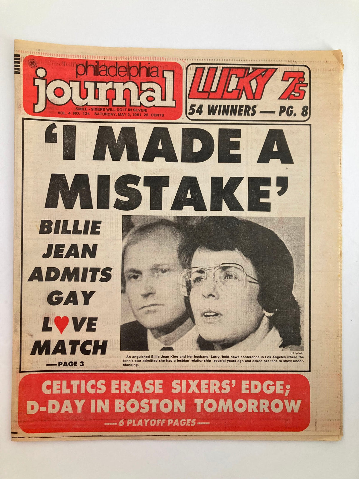 Philadelphia Journal Tabloid May 2, 1981, Vol 4 #124 cover featuring Billie Jean King admitting a mistake and discussing her personal life with prominent headlines and images.