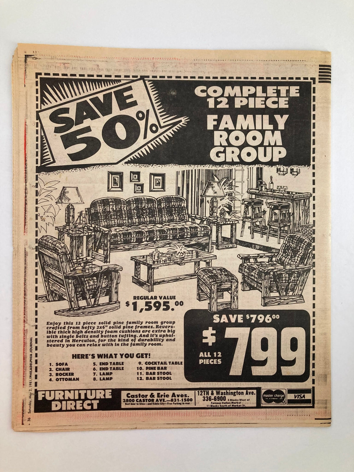 Philadelphia Journal Tabloid May 2, 1981, Vol 4 #124 advertisement for a complete 12-piece family room group furniture sale, showcasing a furniture setup and savings details.