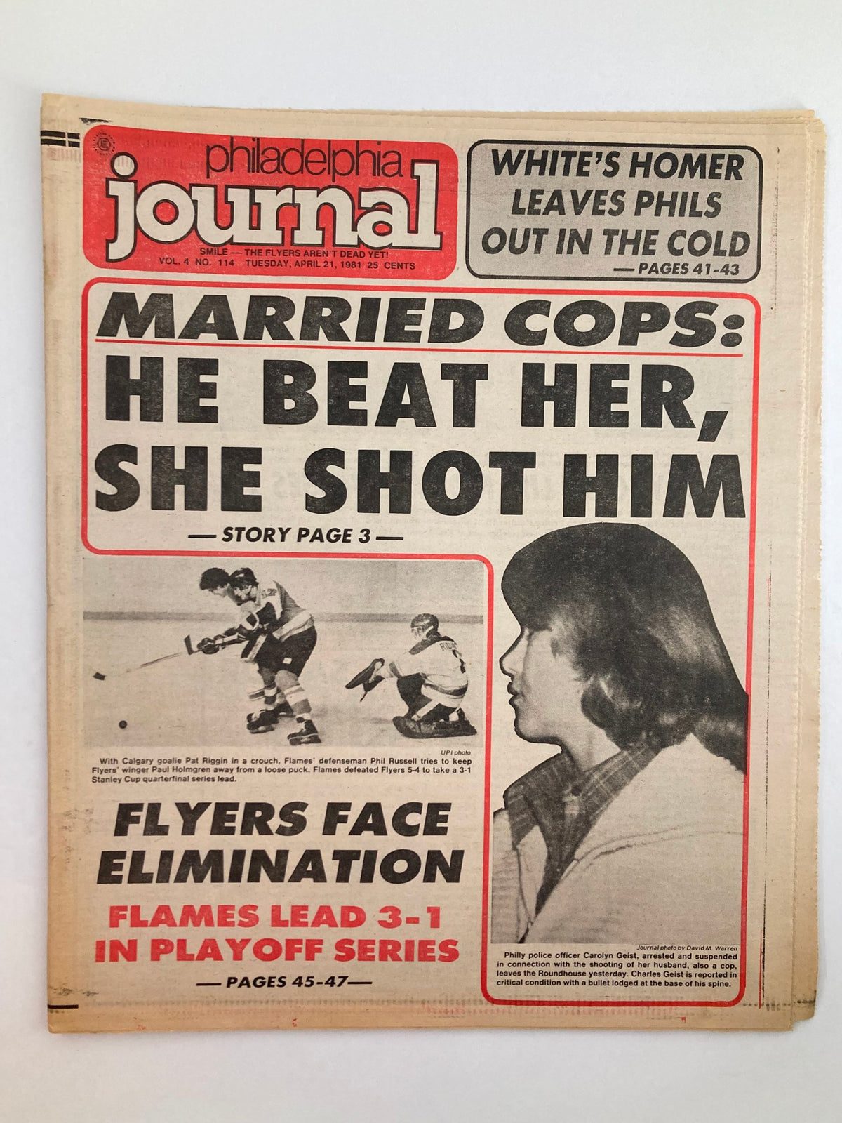Cover of the Philadelphia Journal Tabloid dated April 21, 1981, Vol 4 #114. Features bold headlines about a domestic incident and sports coverage on the Flyers facing elimination in the playoffs, highlighting notable figures Pat Riggin and Phil Russell.