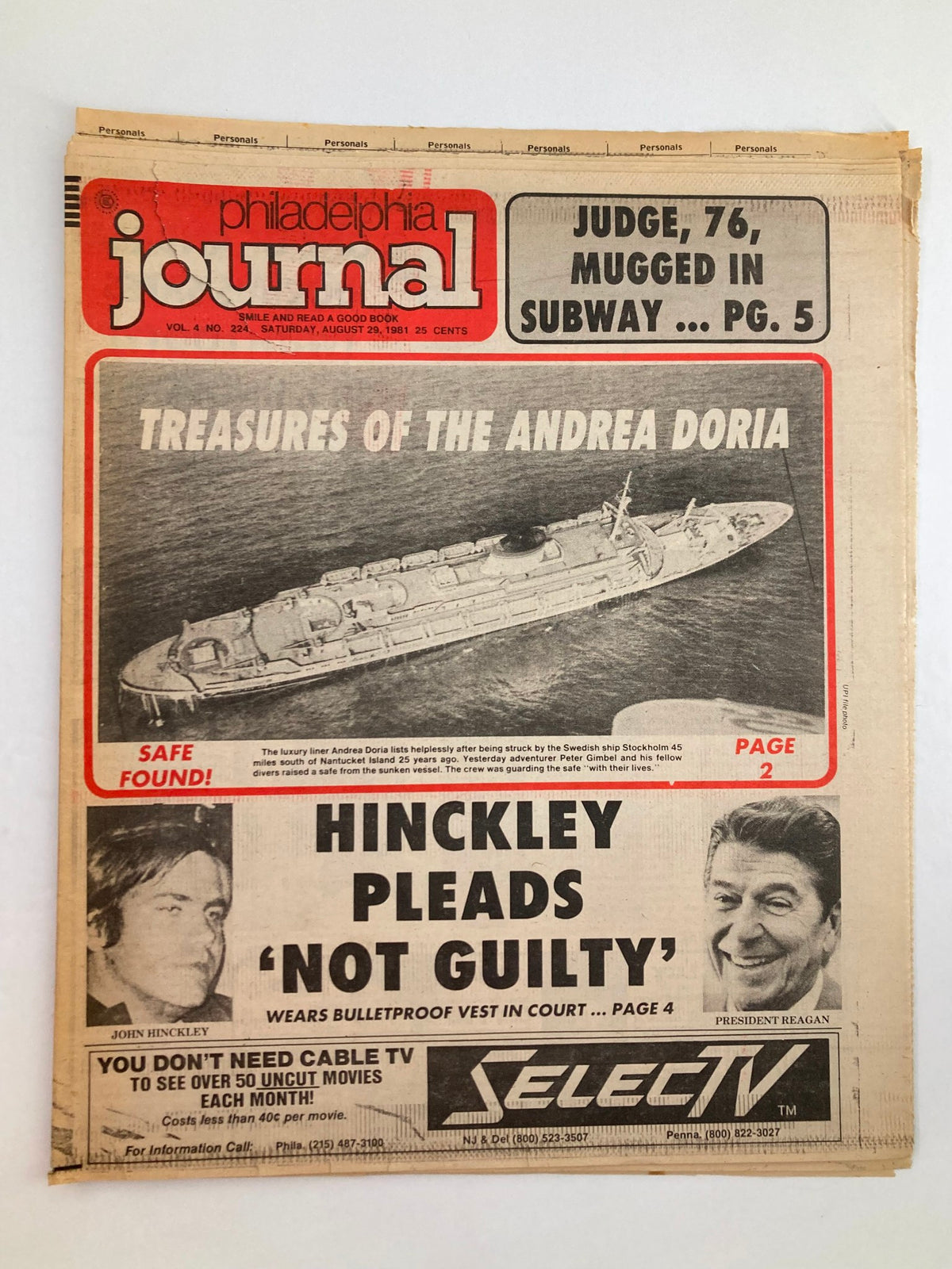 Philadelphia Journal tabloid cover from August 29, 1981, featuring headlines about Hinckley pleading 'Not Guilty' and a feature on the Andrea Doria treasure.