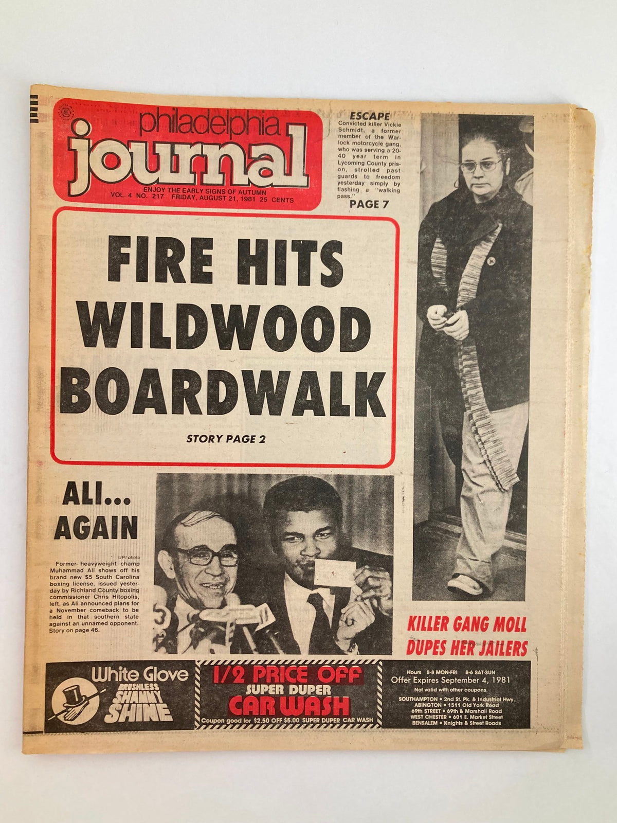 Philadelphia Journal Tabloid August 21 1981 Vol 4 #217 cover showcasing the headline 'FIRE HITS WILDWOOD BOARDWALK' with images of Muhammad Ali and a related story inside.
