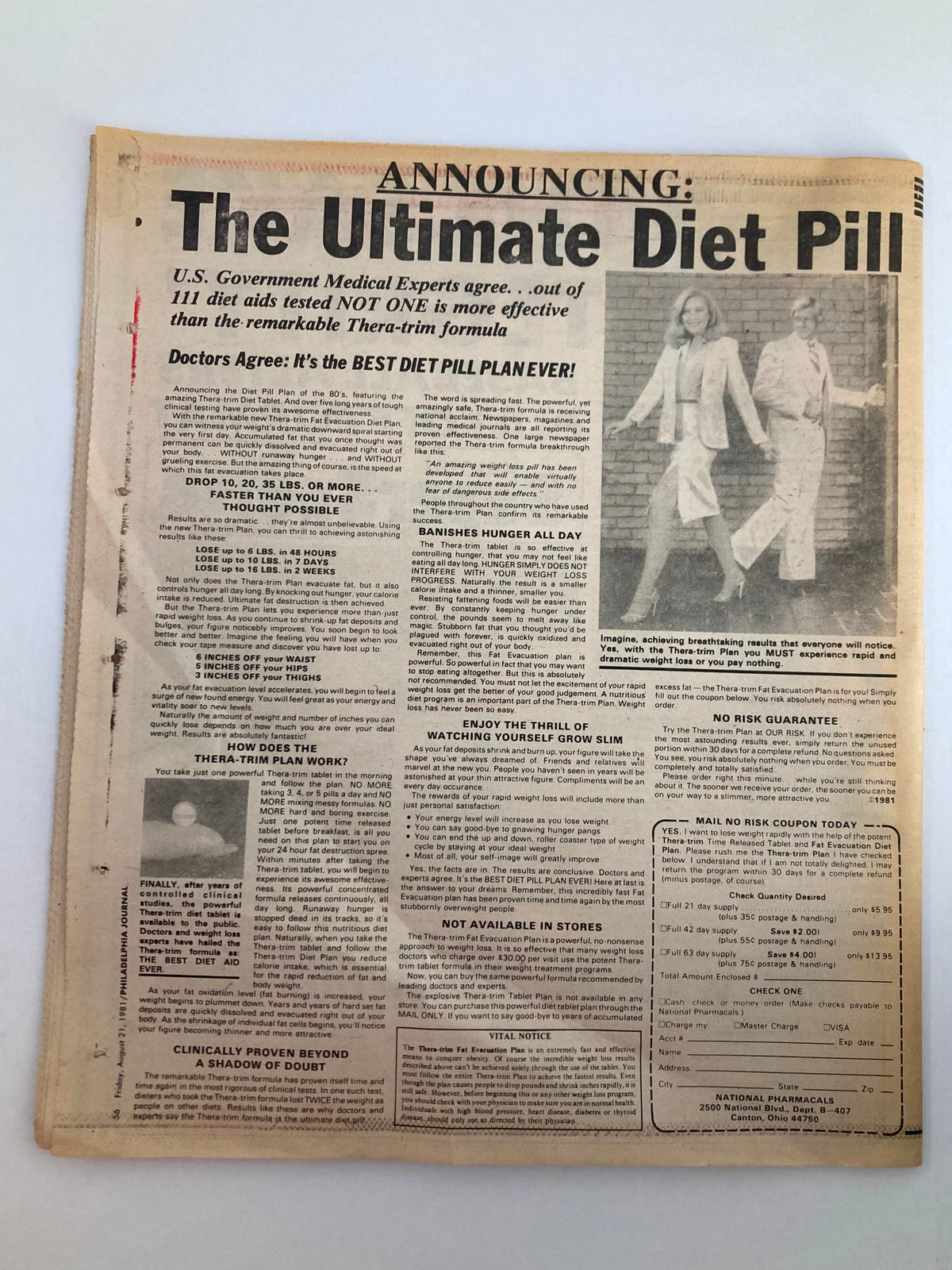 Back cover of Philadelphia Journal Tabloid August 21 1981 Vol 4 #217 featuring an advertisement for 'The Ultimate Diet Pill' along with promotional details.