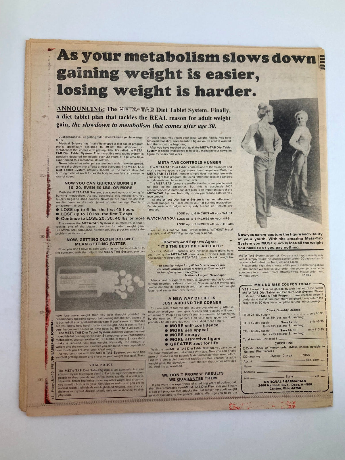 Philadelphia Journal Tabloid July 10 1981 Vol 4 #181 back page ad discussing weight loss and metabolism, highlighting the B-100-TAB Diet Tablet System.