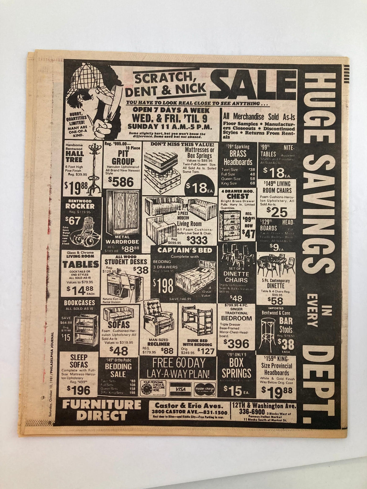 Philadelphia Journal Tabloid October 10 1981 back page advertisement for 'SCRATCH, DENT & NICK SALE', displaying various furniture items and prices, including large furniture discounts and promotional offers.