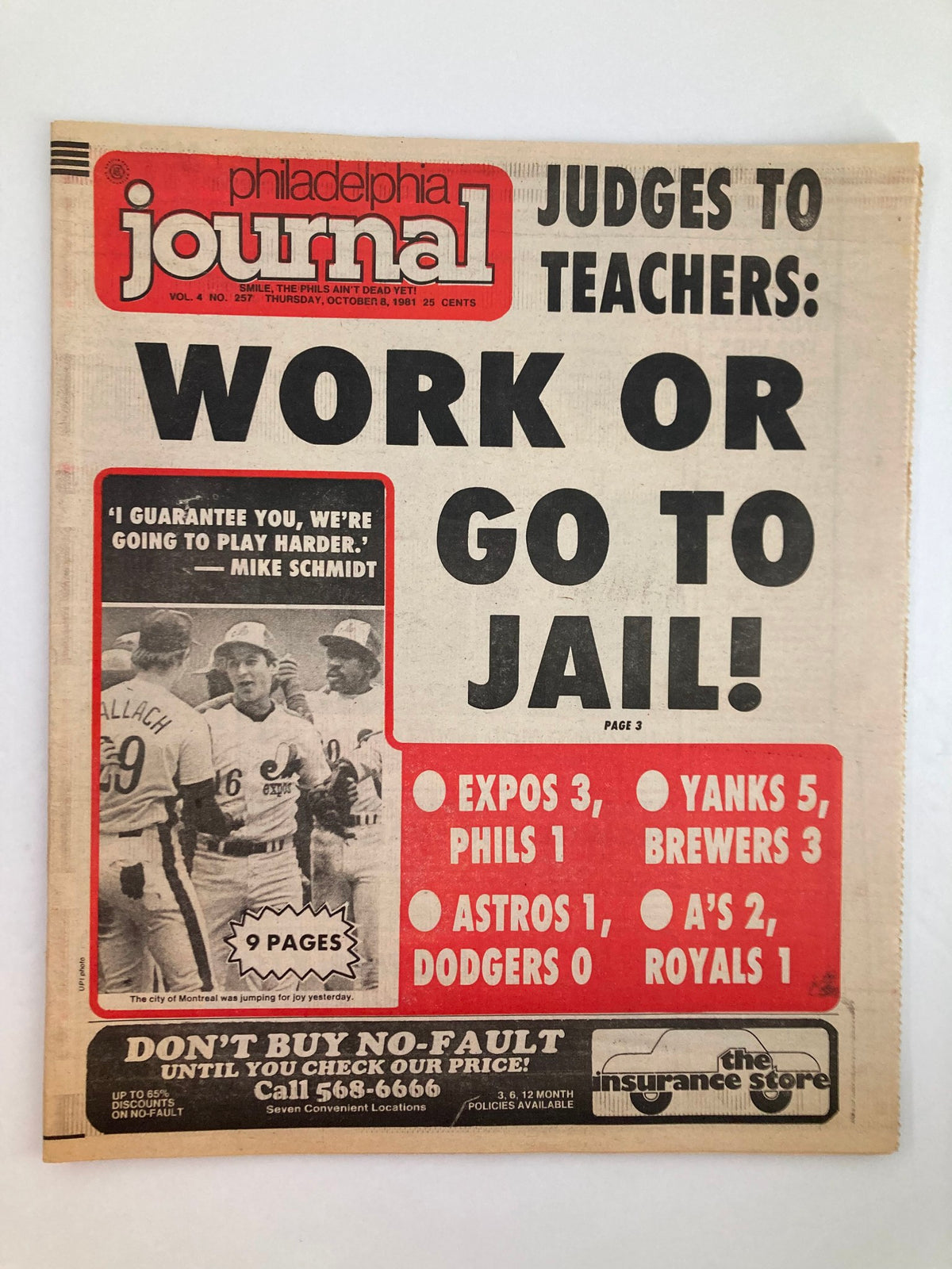 Philadelphia Journal Tabloid from October 8, 1981, featuring the headline 'WORK OR GO TO JAIL!' and highlights from MLB including Mike Schmidt's guarantee to play harder.