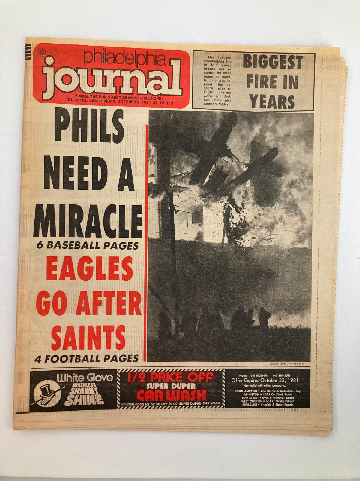 Front page of the Philadelphia Journal Tabloid, Volume 4, Issue 258, dated October 9, 1981, featuring headlines on the Philadelphia Eagles' upcoming game against the New Orleans Saints and news about a significant fire.