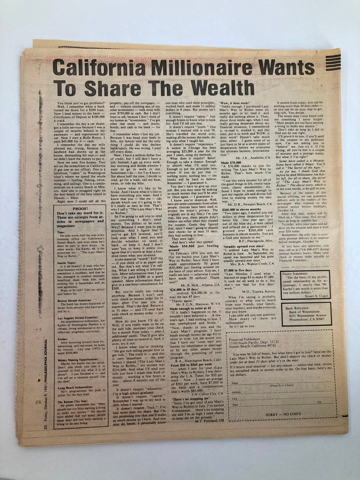 An inside page of the Philadelphia Journal Tabloid from October 9, 1981, featuring an article titled 'California Millionaire Wants To Share The Wealth', showcasing vintage journalism from the era.