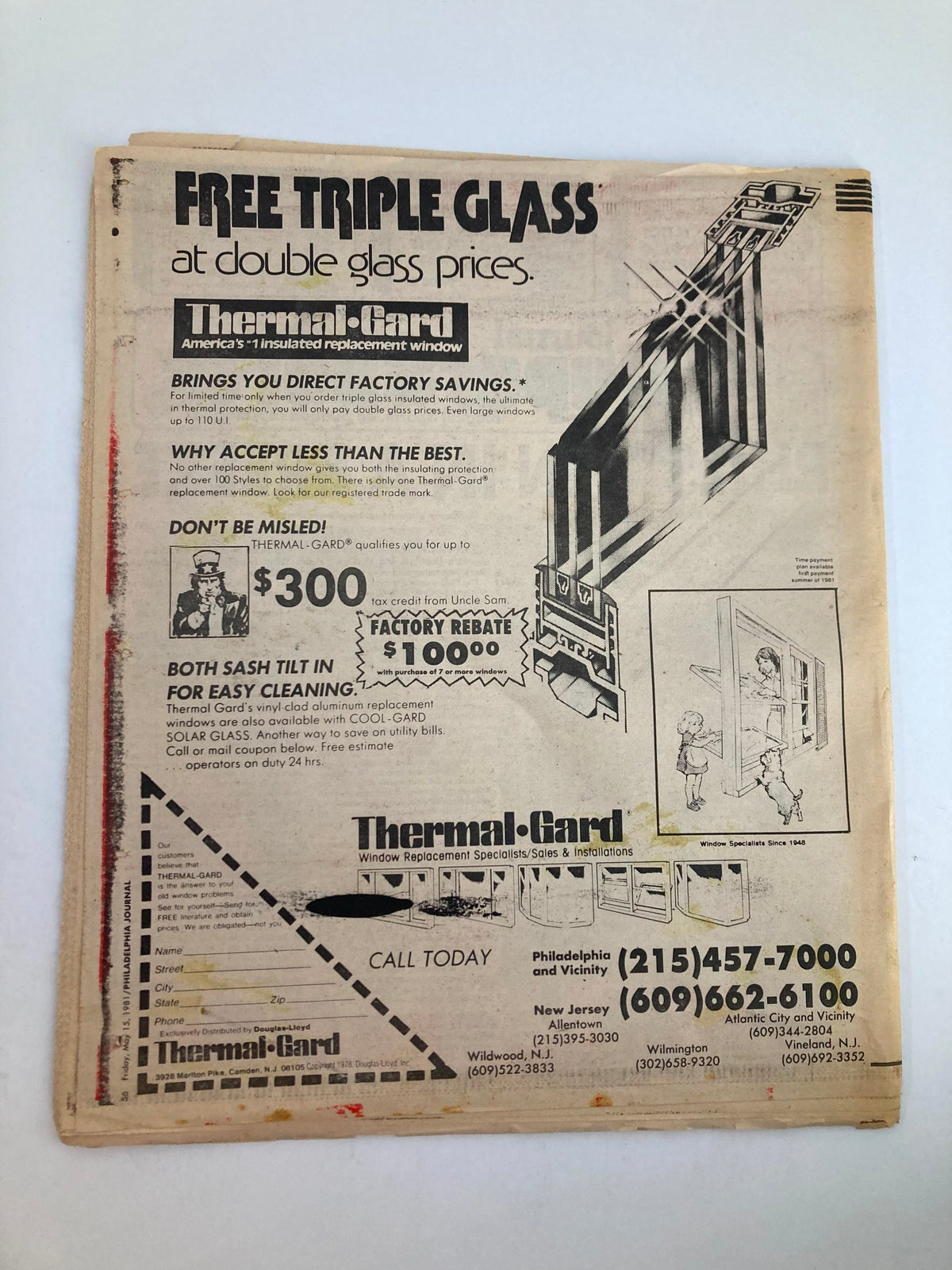 Philadelphia Journal Tabloid May 15 1981 advertisement for Thermal-Gard windows including a promotion for free triple glass.