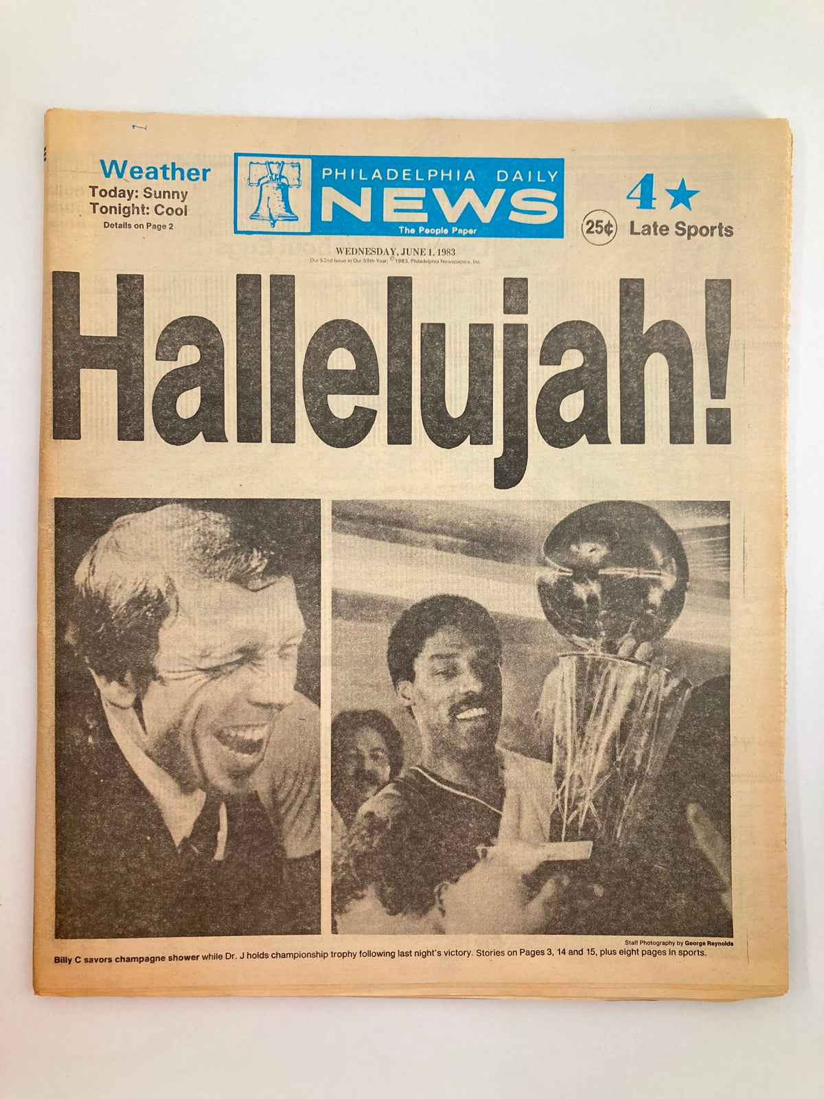 Philadelphia Daily News Tabloid June 1 1983 featuring NBA Julius Erving celebrating with the championship trophy, with Billy Cunningham also depicted, capturing the excitement of the Sixers' victory.