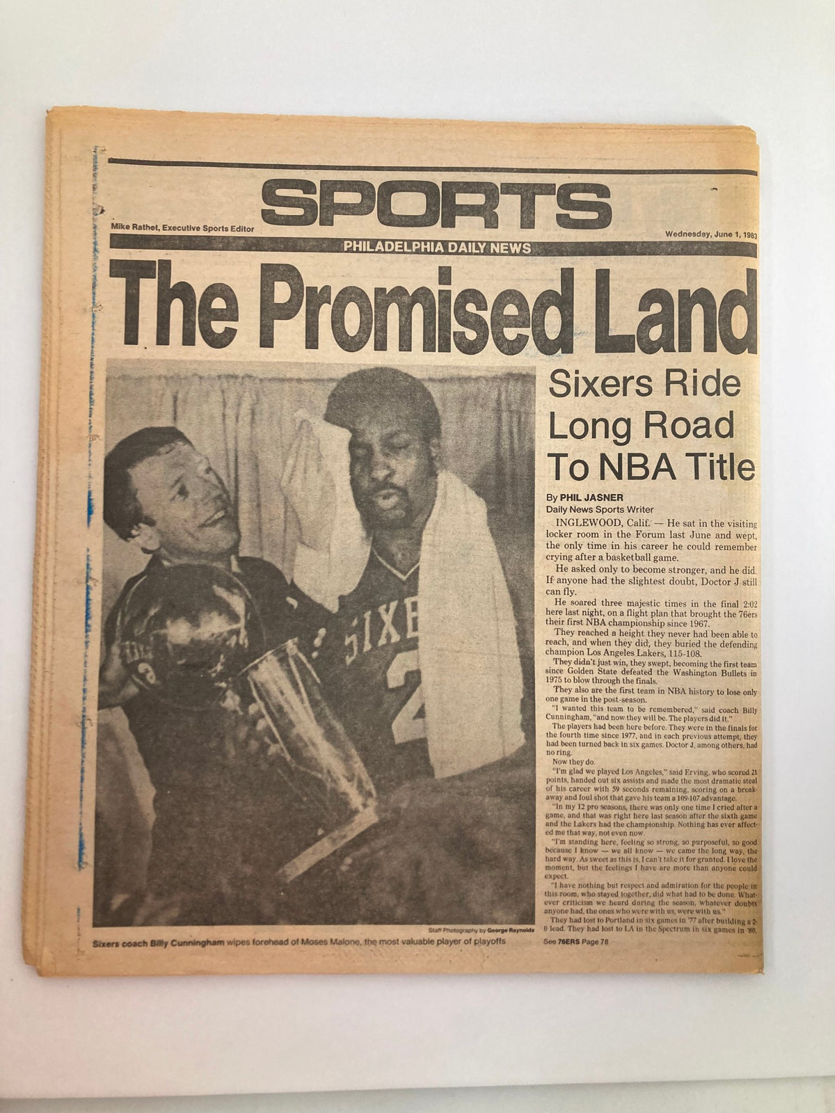 Philadelphia Daily News Tabloid June 1 1983 highlighting the journey of the Sixers to the NBA title, with Billy Cunningham and Moses Malone celebrating their success.