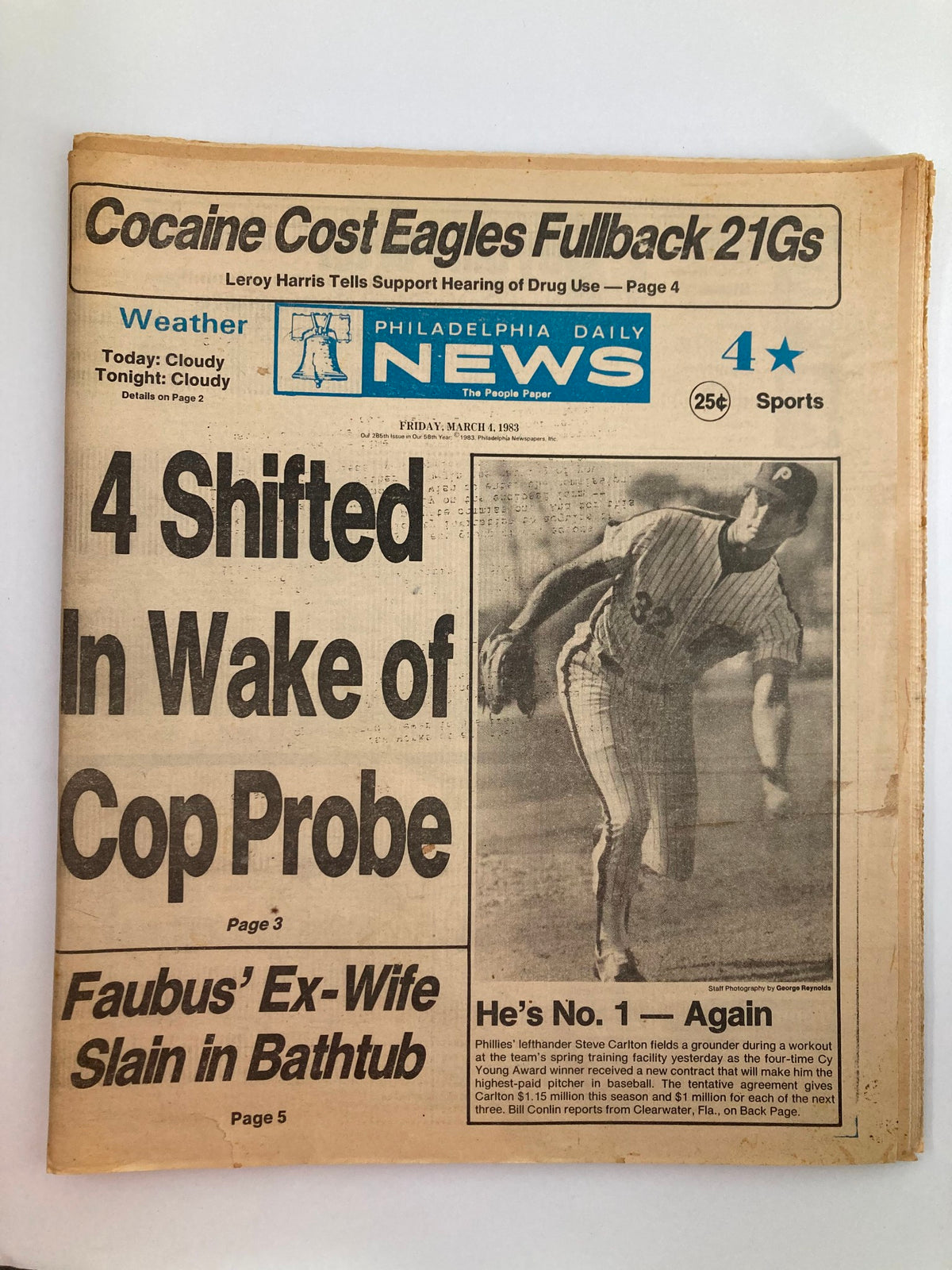 Philadelphia Daily News Tabloid from March 4, 1983, featuring a headline about Steve Carlton, the legendary MLB pitcher for the Phillies, alongside sports news.