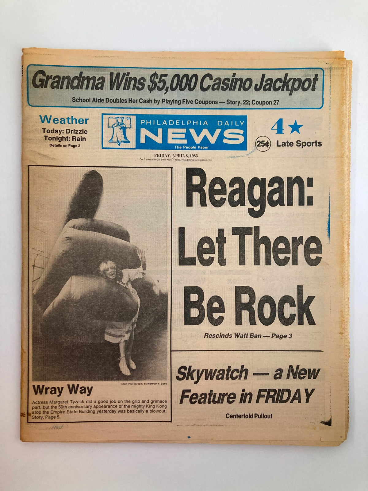 Philadelphia Daily News Tabloid April 8 1983 featuring Ronald Reagan on the cover, with a headline 'Reagan: Let There Be Rock', showcasing a nostalgic newspaper from 1983.