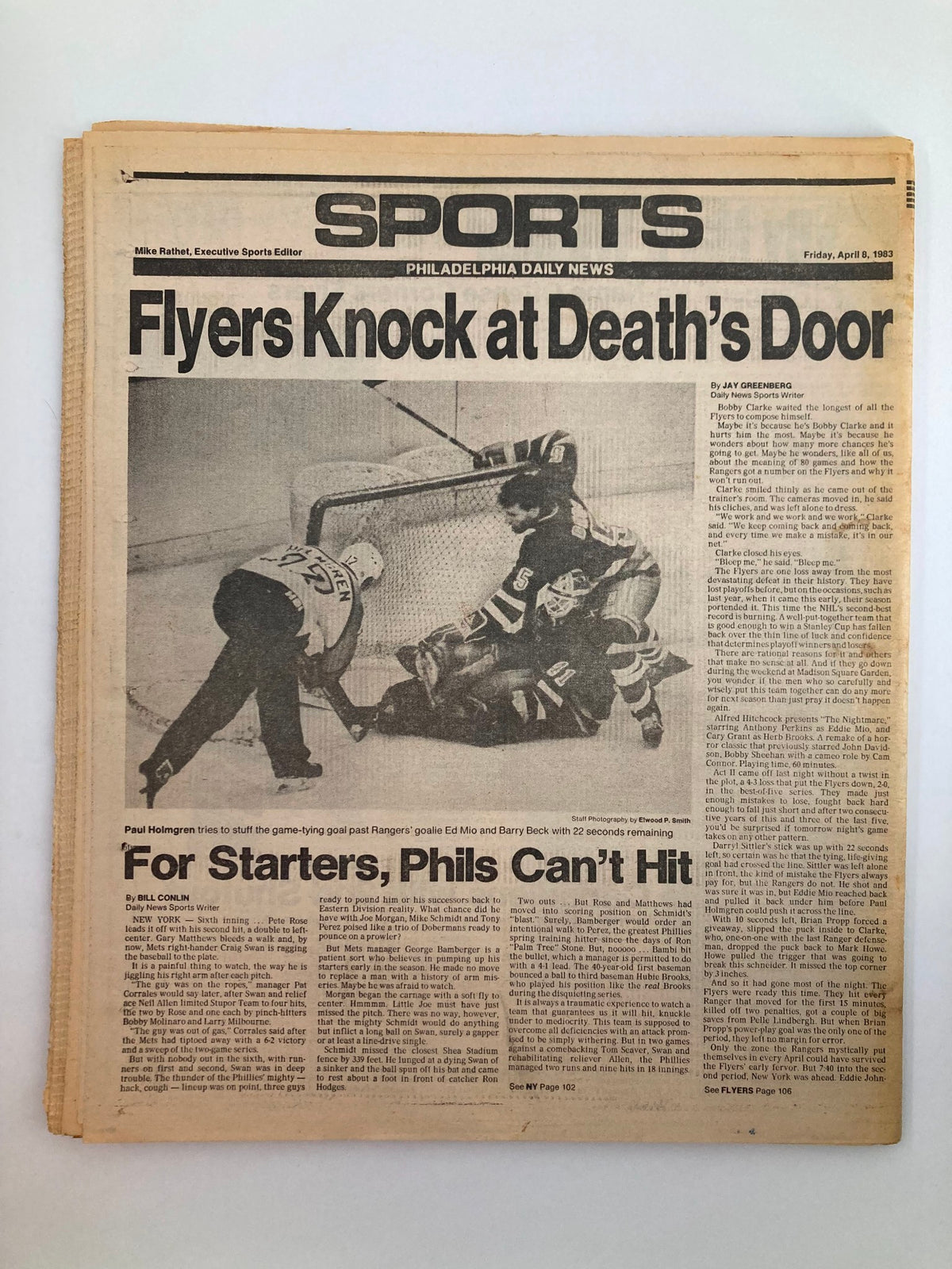 Philadelphia Daily News Tabloid April 8 1983 showcasing a sports section with the headline 'Flyers Knock at Death's Door', reflecting the Philadelphia Flyers in action, a collectible vintage newspaper item.