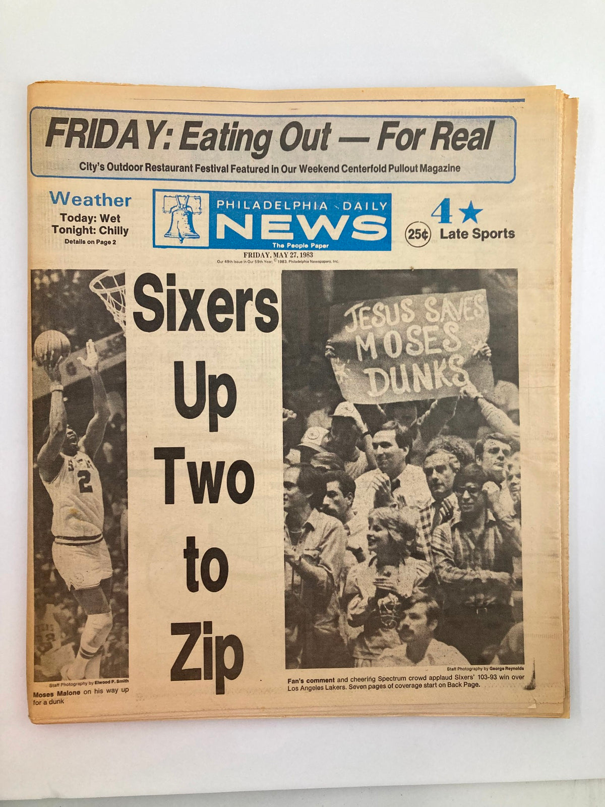 Philadelphia Daily News Tabloid May 27, 1983 featuring NBA 76ers player Moses Malone in action during a game, highlighting the team's performance and fan excitement.