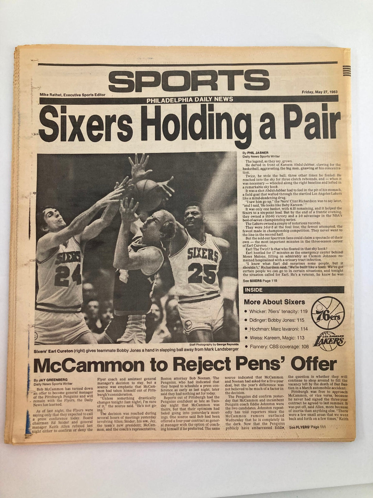 Philadelphia Daily News Tabloid May 27, 1983 showcasing the Philadelphia 76ers basketball team with Earl Cureton and Bobby Jones in a dynamic play against the Los Angeles Lakers.