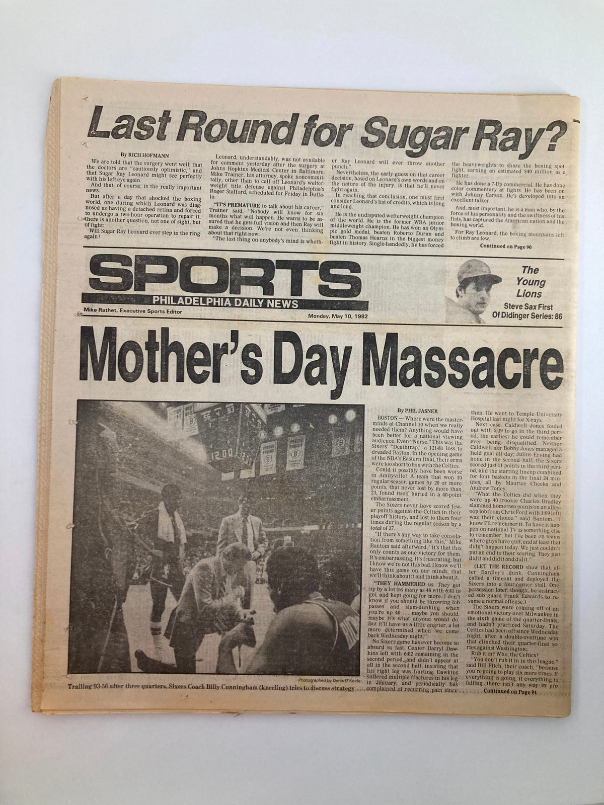 Philadelphia Daily News Tabloid May 10 1982 featuring sports coverage with the headline 'Last Round for Sugar Ray?' and an image related to basketball, including commentary on Sugar Ray Leonard's career and a Mother's Day Massacre article.