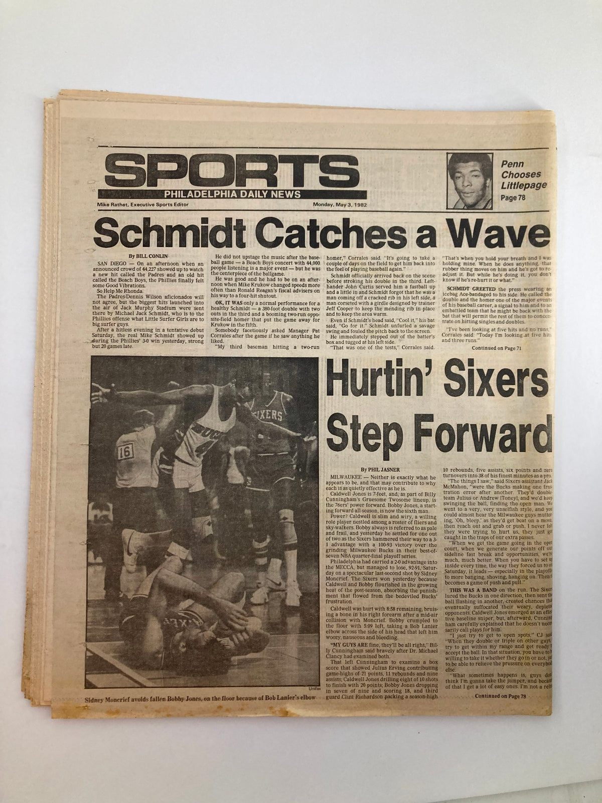 Philadelphia Daily News Tabloid from May 3, 1982 featuring an article titled 'Schmidt Catches a Wave', showcasing sports highlights including the Philadelphia 76ers.