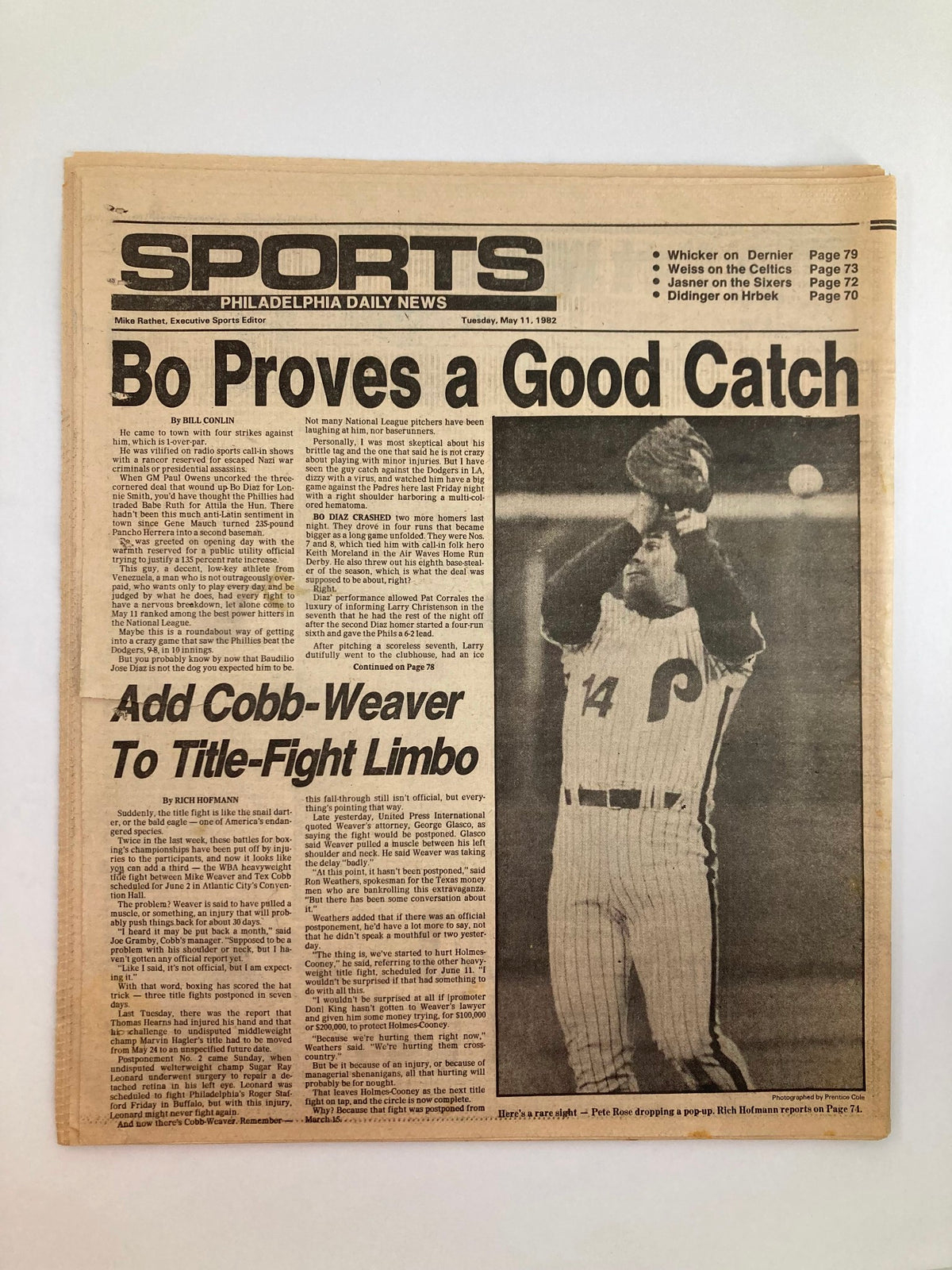 Philadelphia Daily News Sports section from May 11, 1982, showcasing the title 'Bo Proves a Good Catch' with an image of MLB 76ers Catcher Bo Diaz.