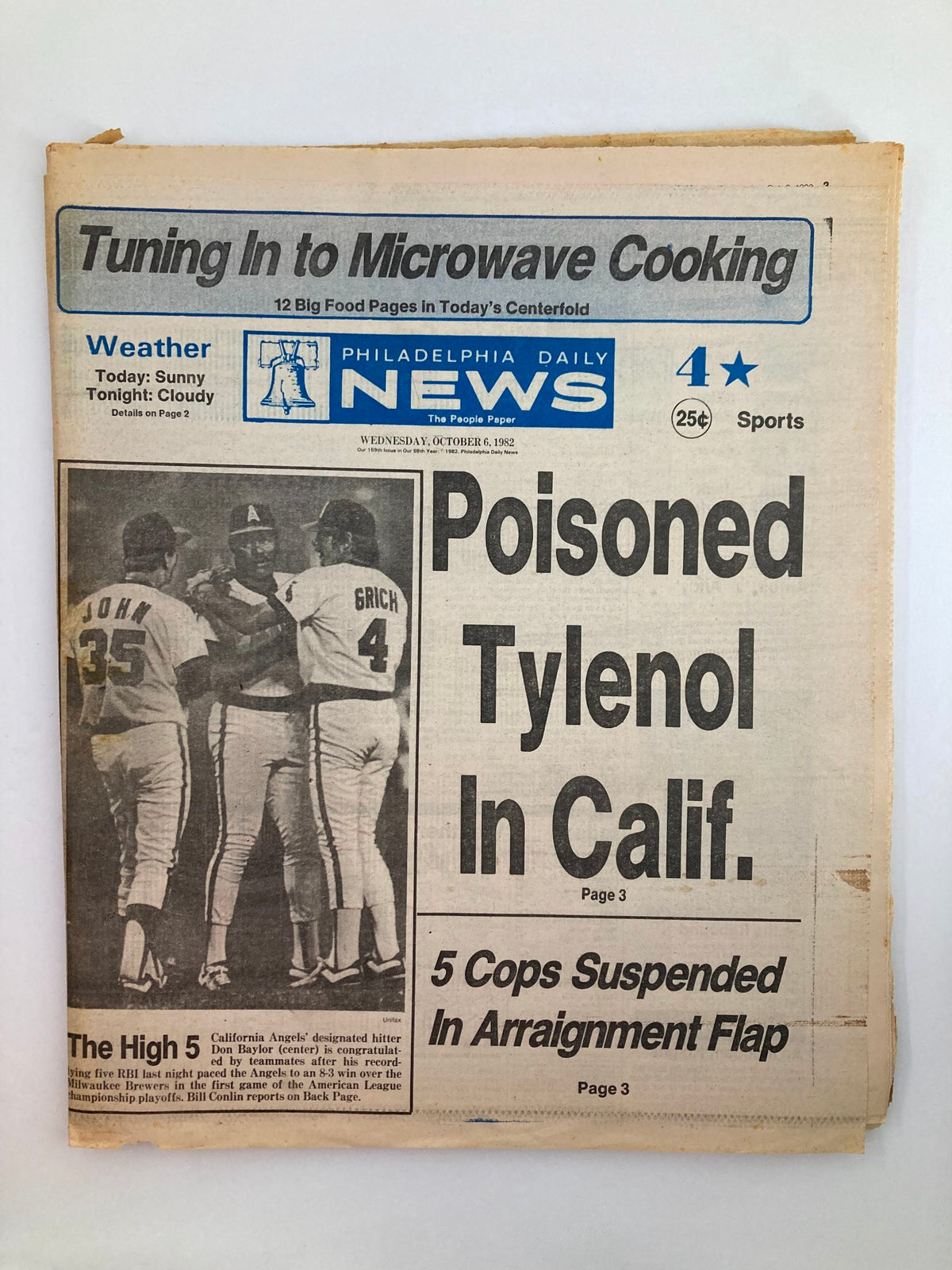 Philadelphia Daily News Tabloid from October 6, 1982, featuring MLB Angels' Don Baylor. The front page includes headlines about sports, weather, and significant news events.
