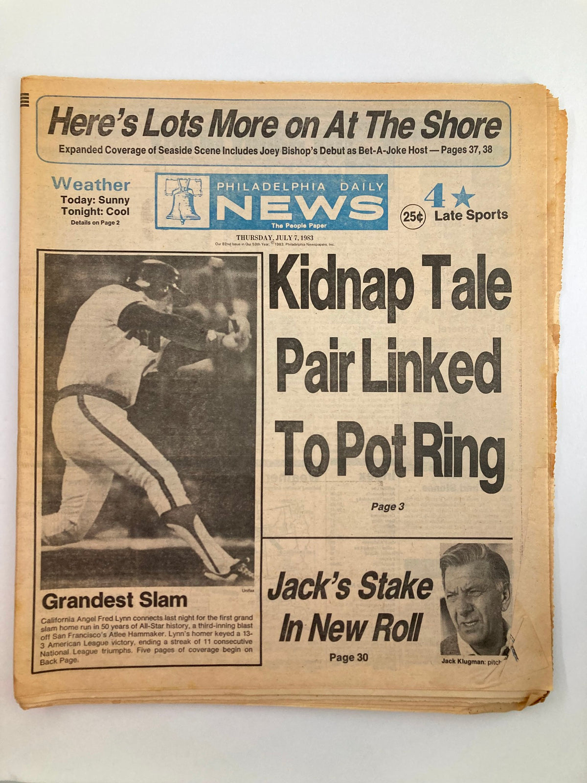 Philadelphia Daily News Tabloid July 7 1983 showcasing MLB article featuring Fred Lynn with headlines about a kidnapping tale and sports updates.
