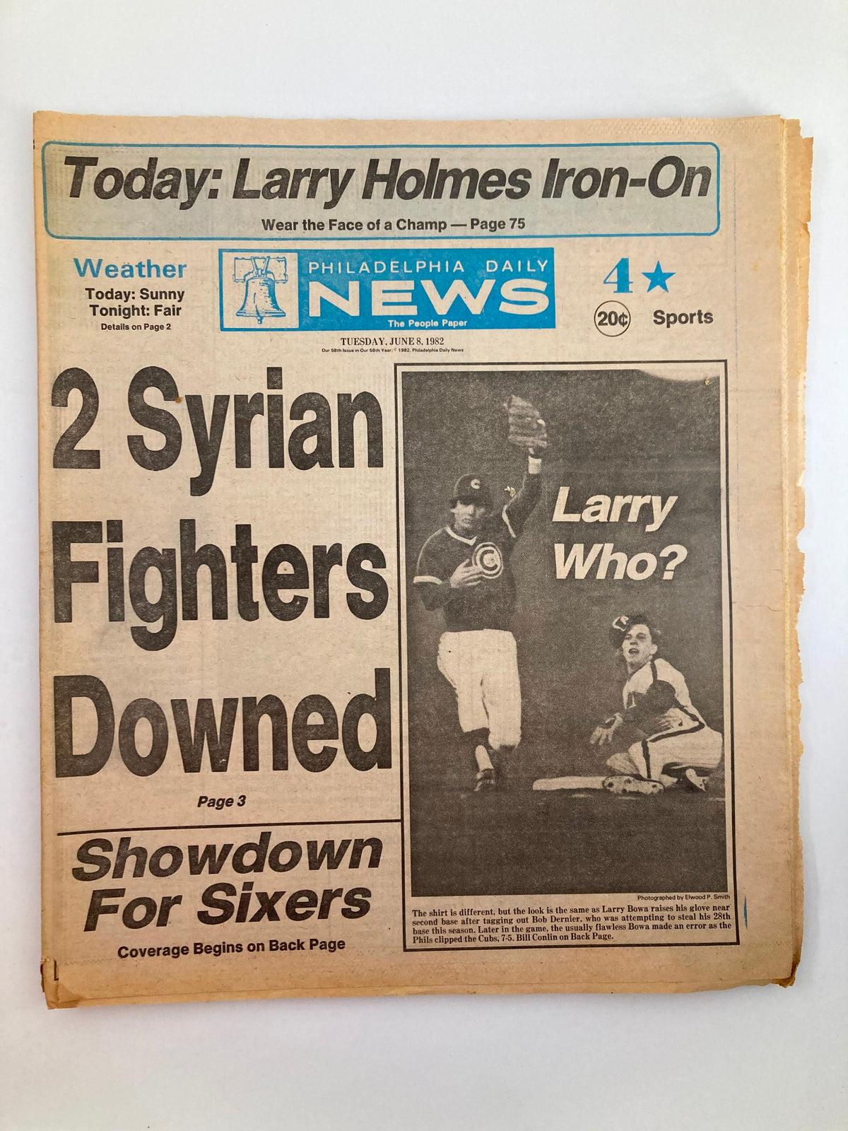 Philadelphia Daily News tabloid from June 8, 1982, featuring coverage on MLB Phillies and Larry Bowa, showcasing historic sports journalism.